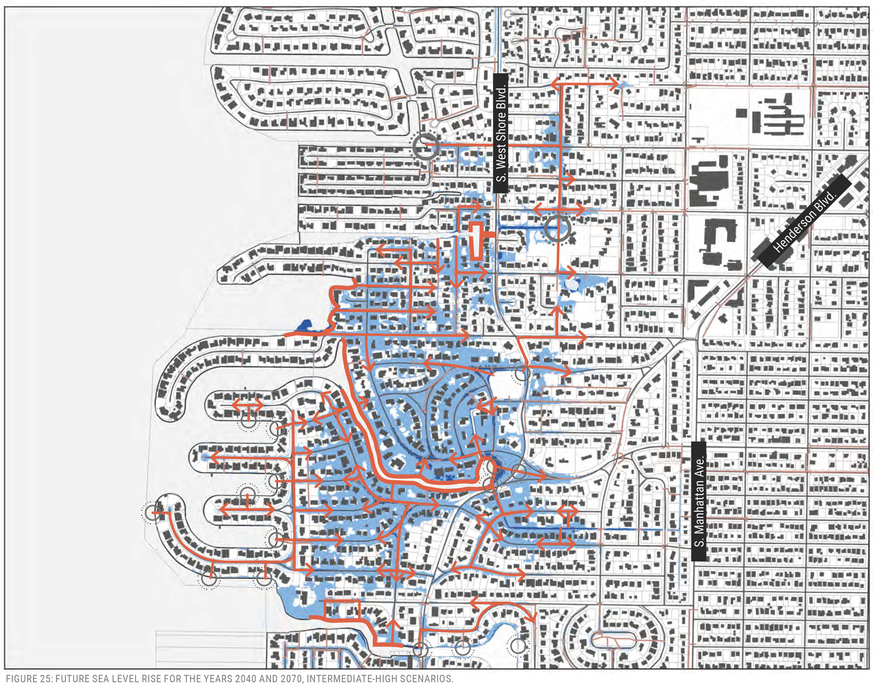 Map illustrating projected sea level rise for 2040 and 2070, showing affected areas in red and blue across a residential neighborhood.