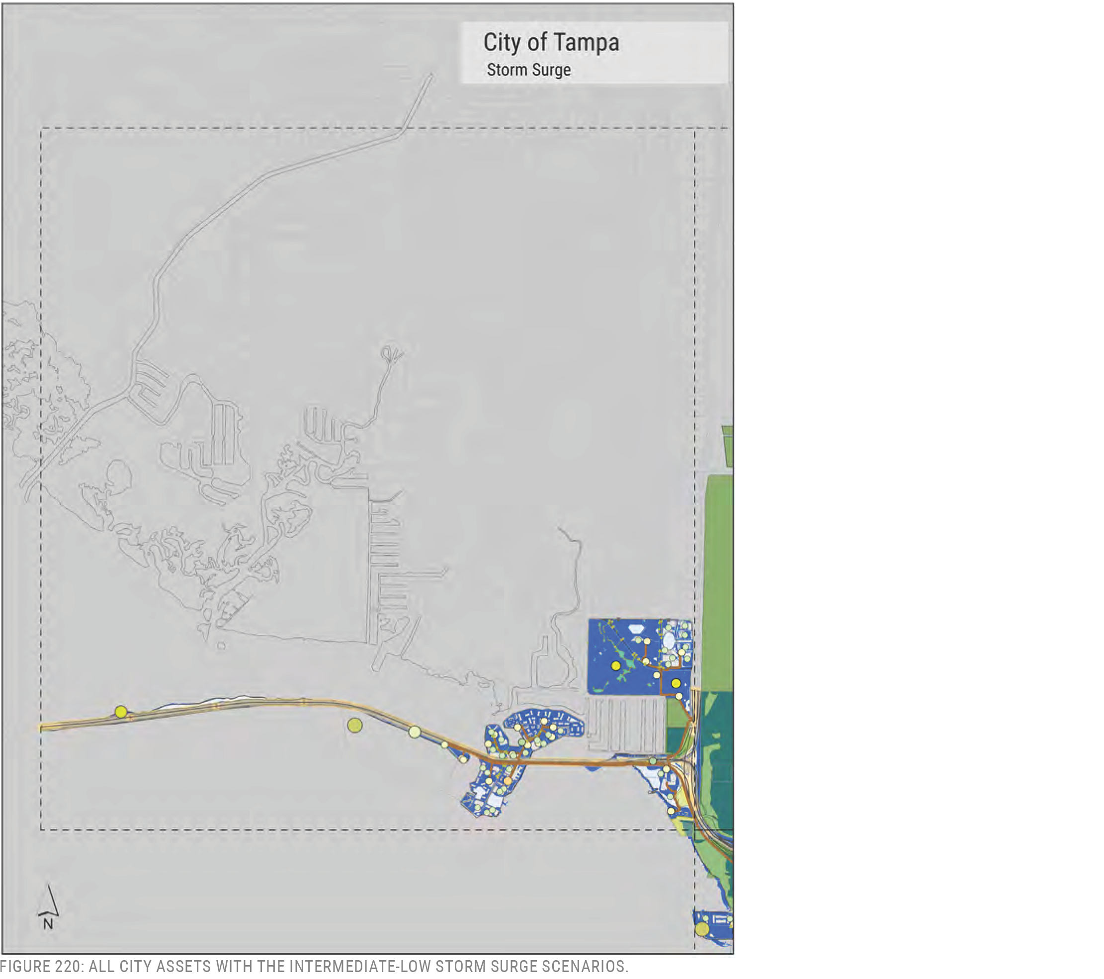Map of Tampa indicating areas affected by storm surge with city asset locations highlighted.