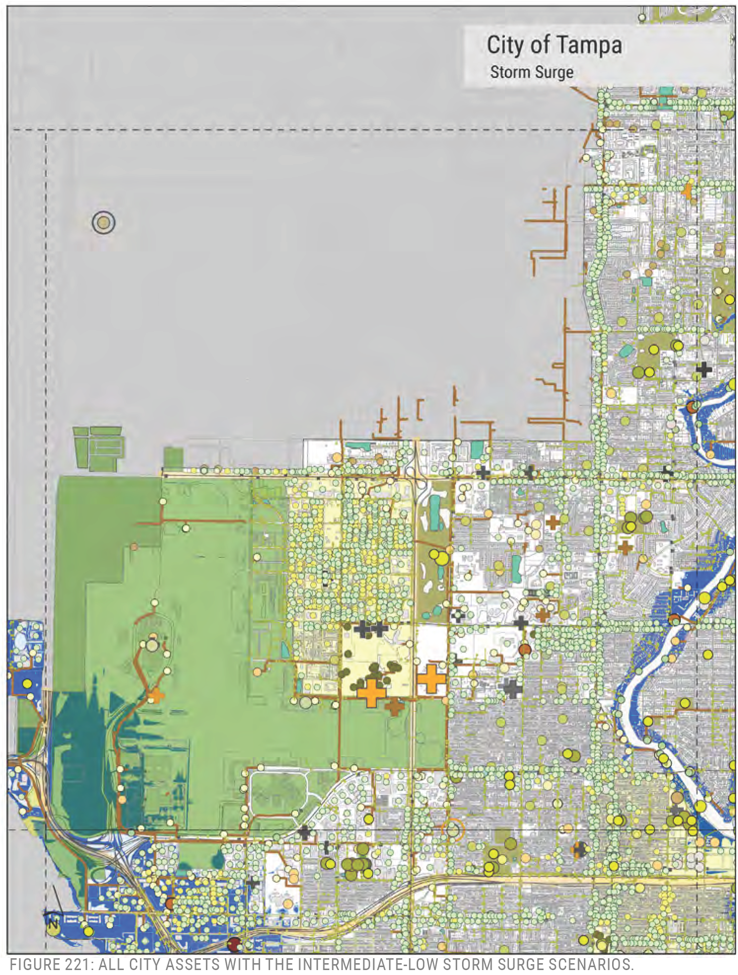 Map of Tampa showing city assets affected by intermediate-low storm surge scenarios, with color-coded areas representing different asset types.
