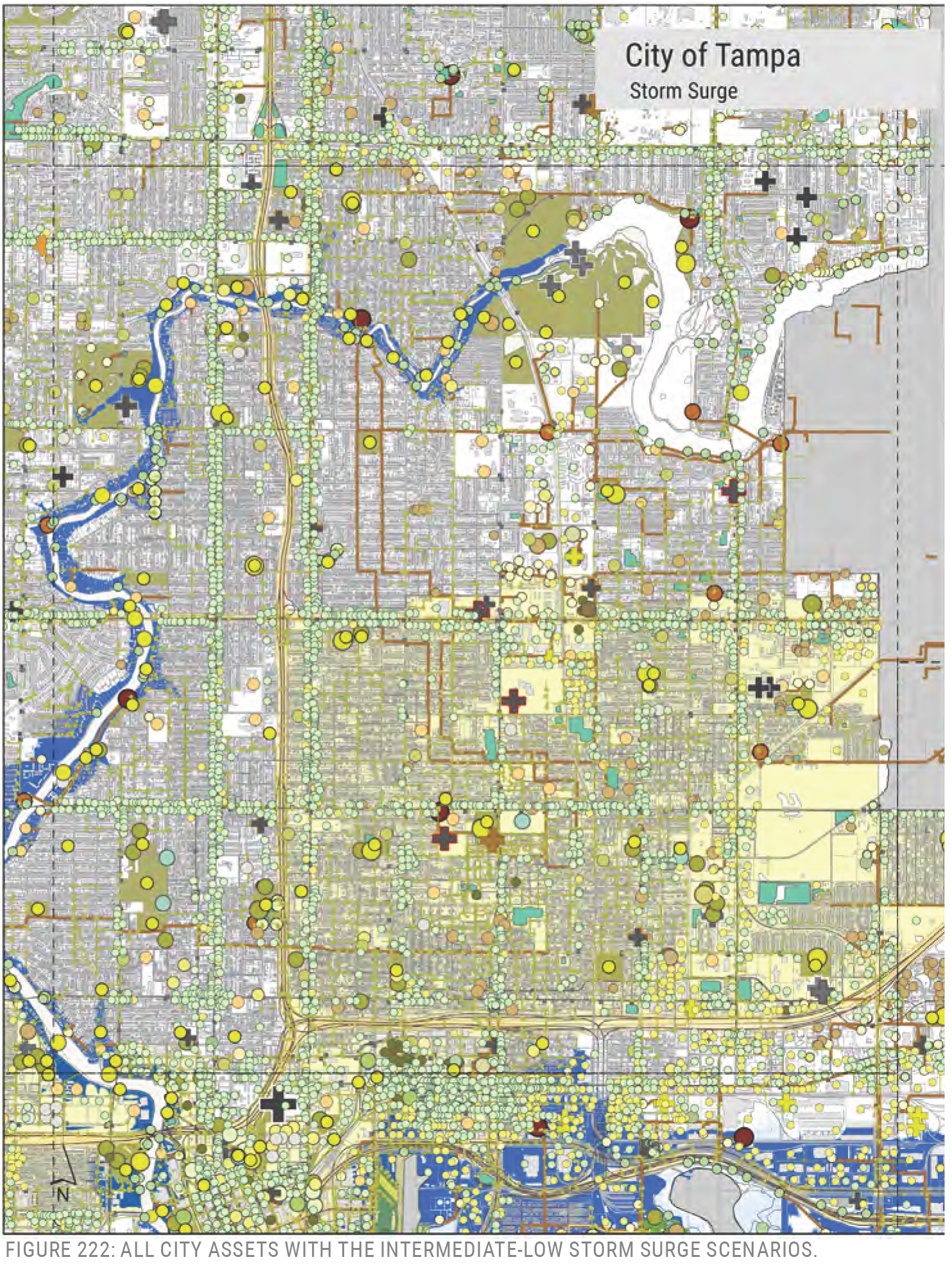 Map of Tampa detailing city assets and intermediate-low storm surge scenarios, highlighting various geographic features and risk areas.