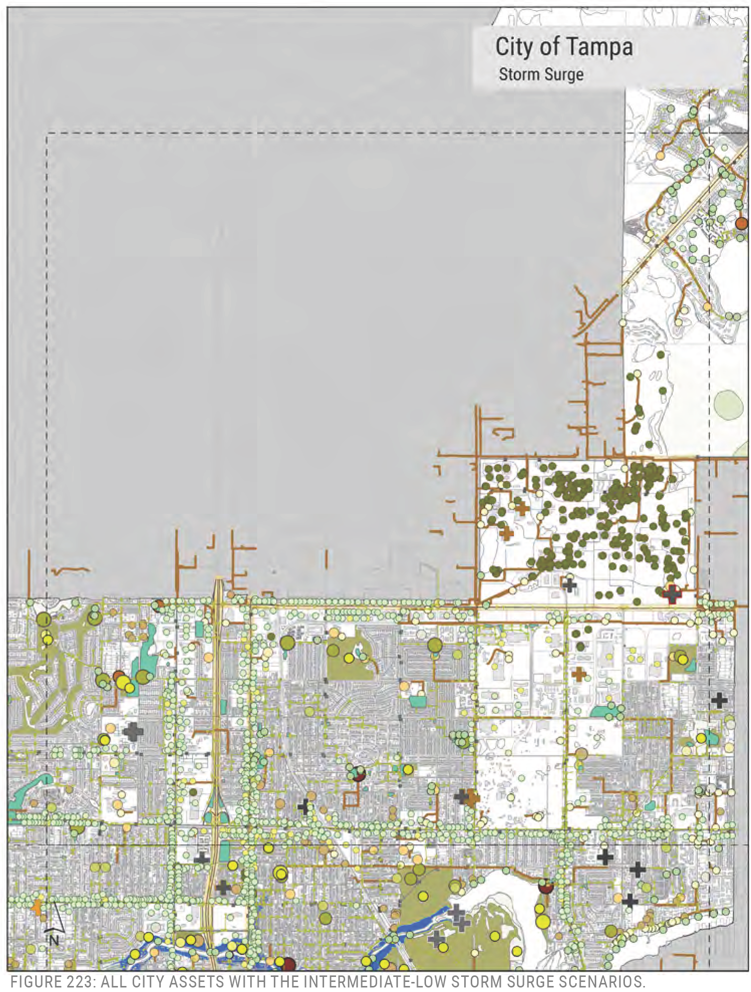 Map of Tampa showing city assets affected by intermediate-low storm surge scenarios.