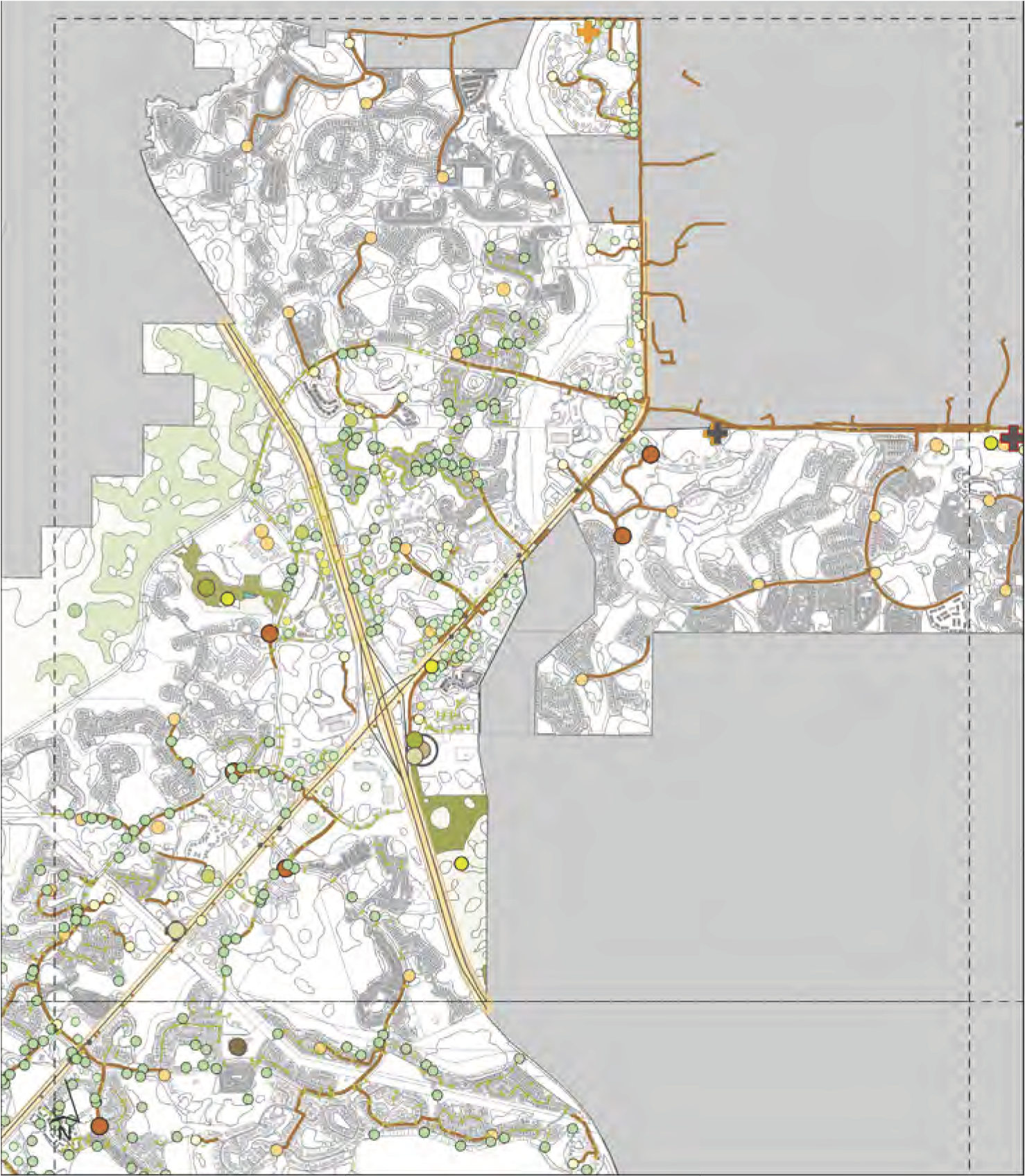 Detailed map showing various land features, roads, and points of interest with distinct color coding and line styles.