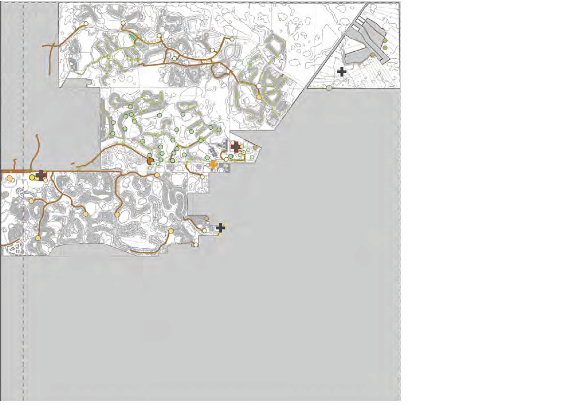 Map showing various features including paths, locations, and topography, with annotations in a muted color palette.