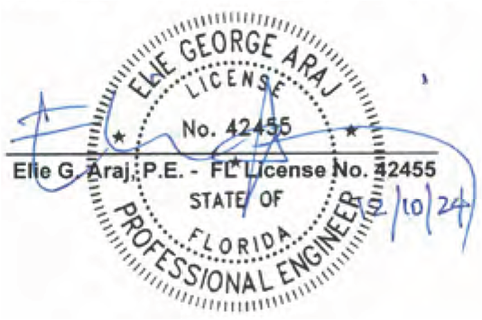 Signature and license details of Elie G. Araj, Professional Engineer, State of Florida, License No. 42455, dated 12/10/24.