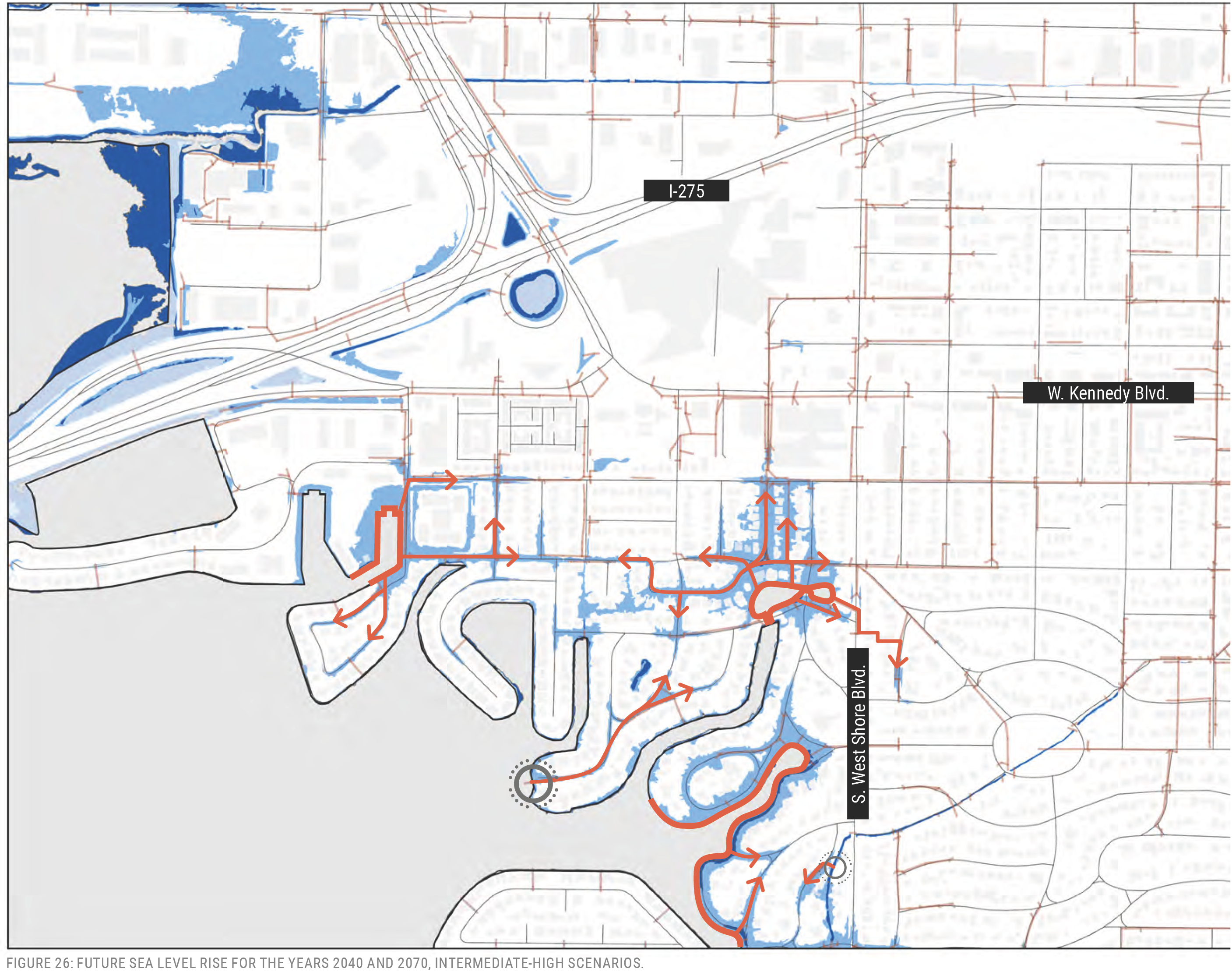 Map showing projected sea level rise for 2040 and 2070, highlighting affected areas and key roads in blue and red.