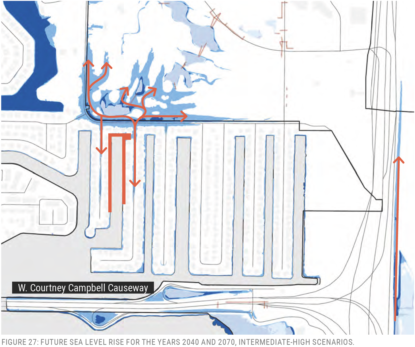 Map showing projected future sea level rise scenarios for 2040 and 2070 near W. Courtney Campbell Causeway.