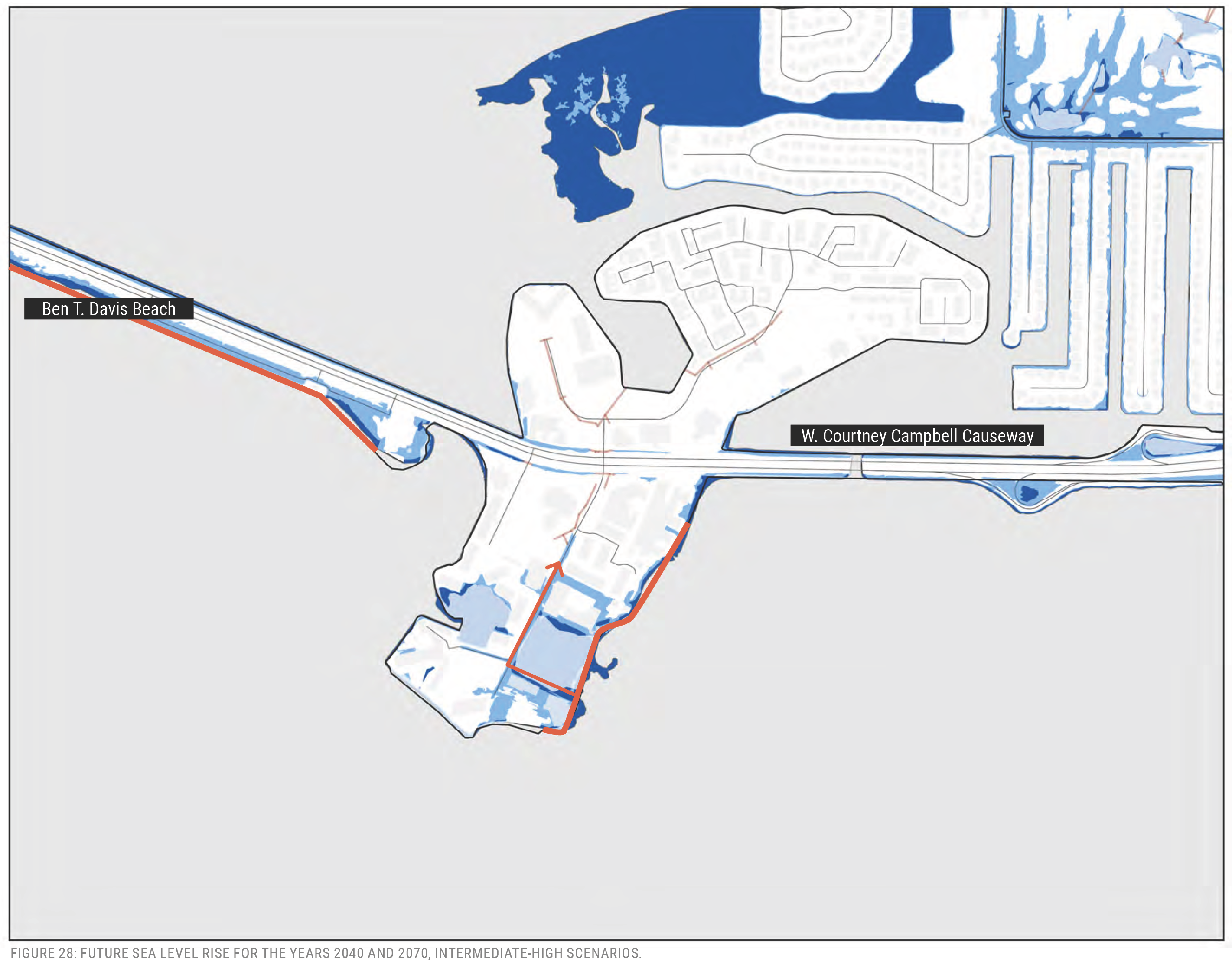 Map highlighting future sea level rise for 2080 and 2070 near Ben T. Davis Beach and W. Courtney Campbell Causeway.