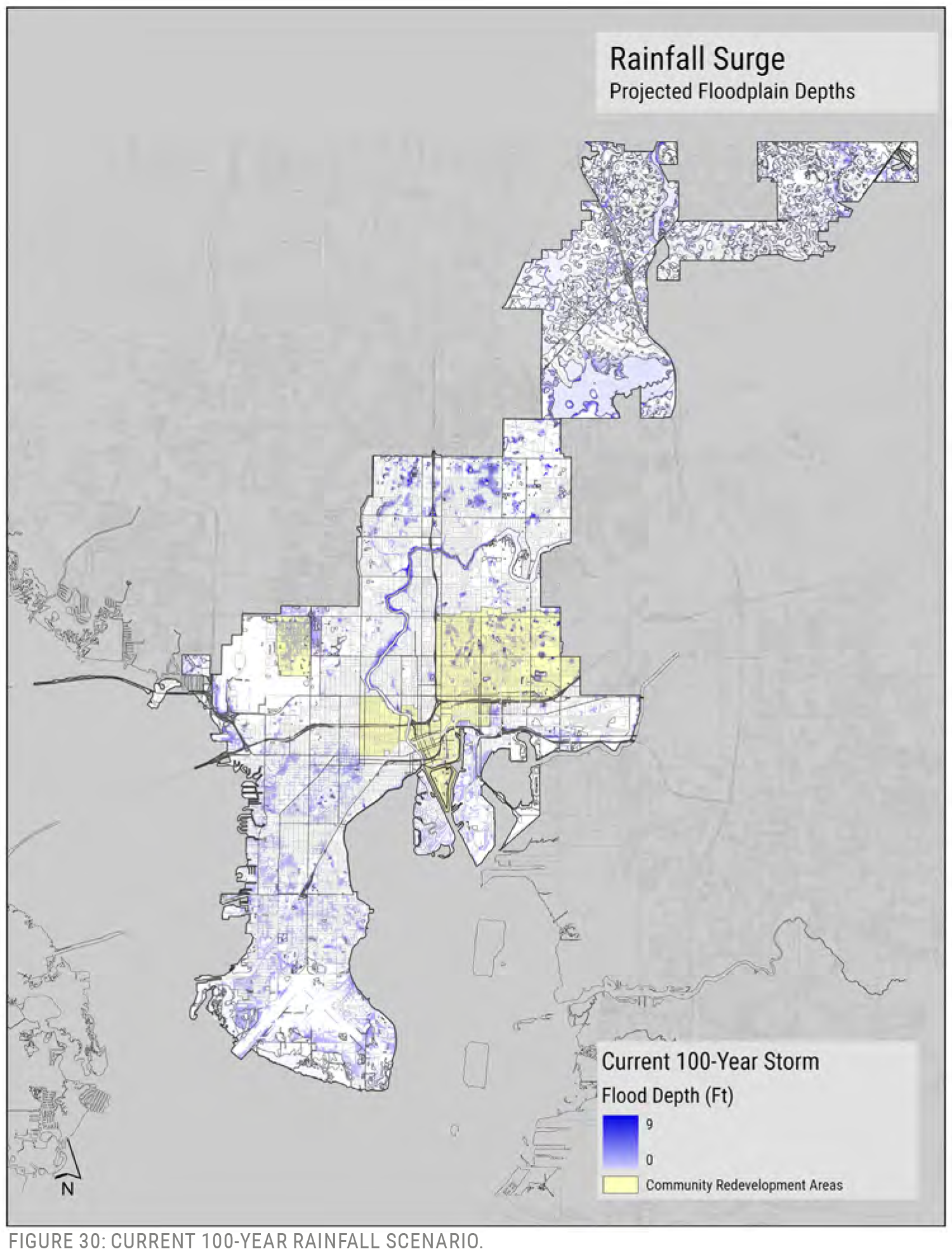 Map showing projected floodplain depths and areas affected during a current 100-year storm, with highlighted community redevelopment zones.