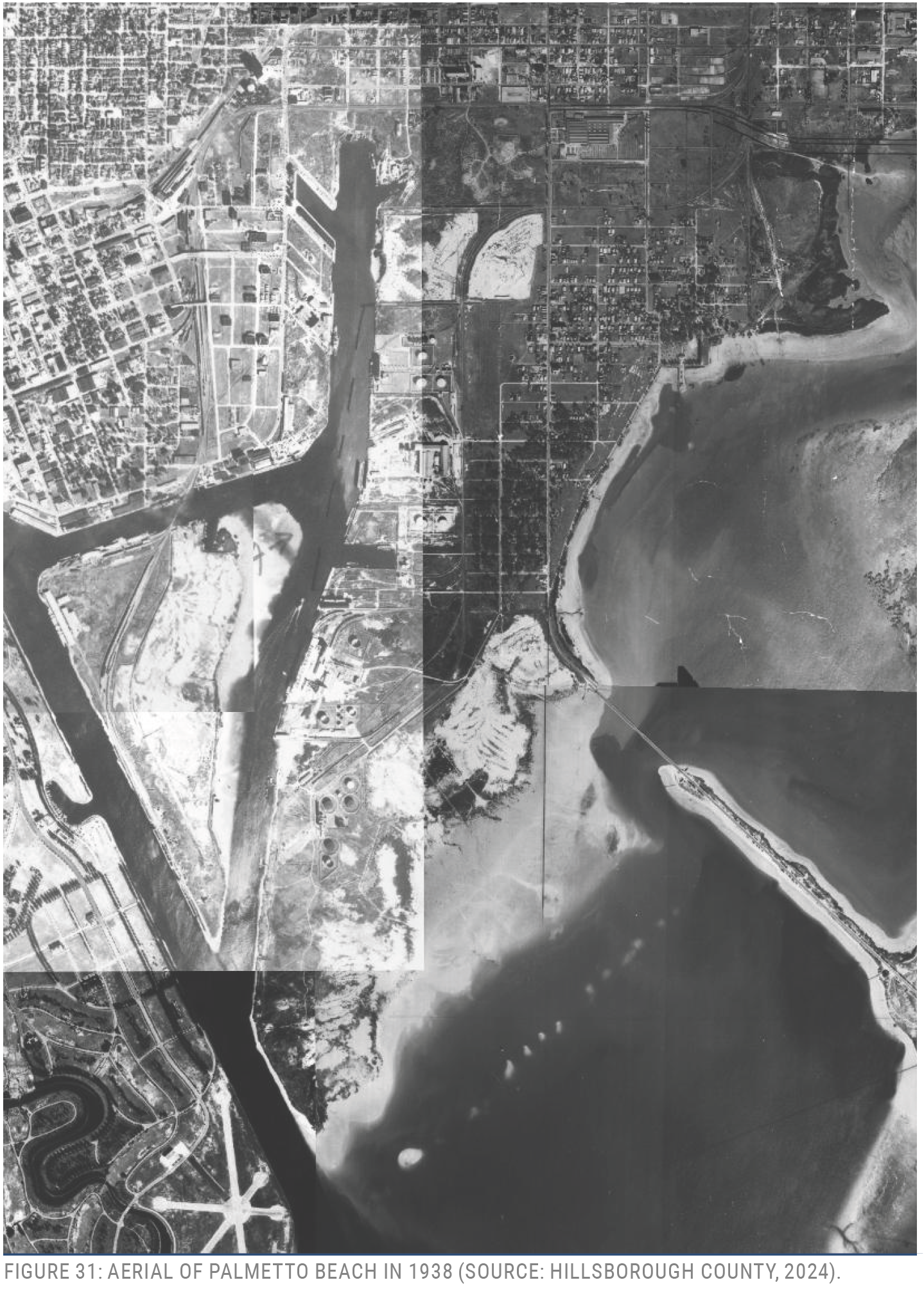 Aerial black and white photograph of Palmetto Beach in 1938, showing waterways and land development.