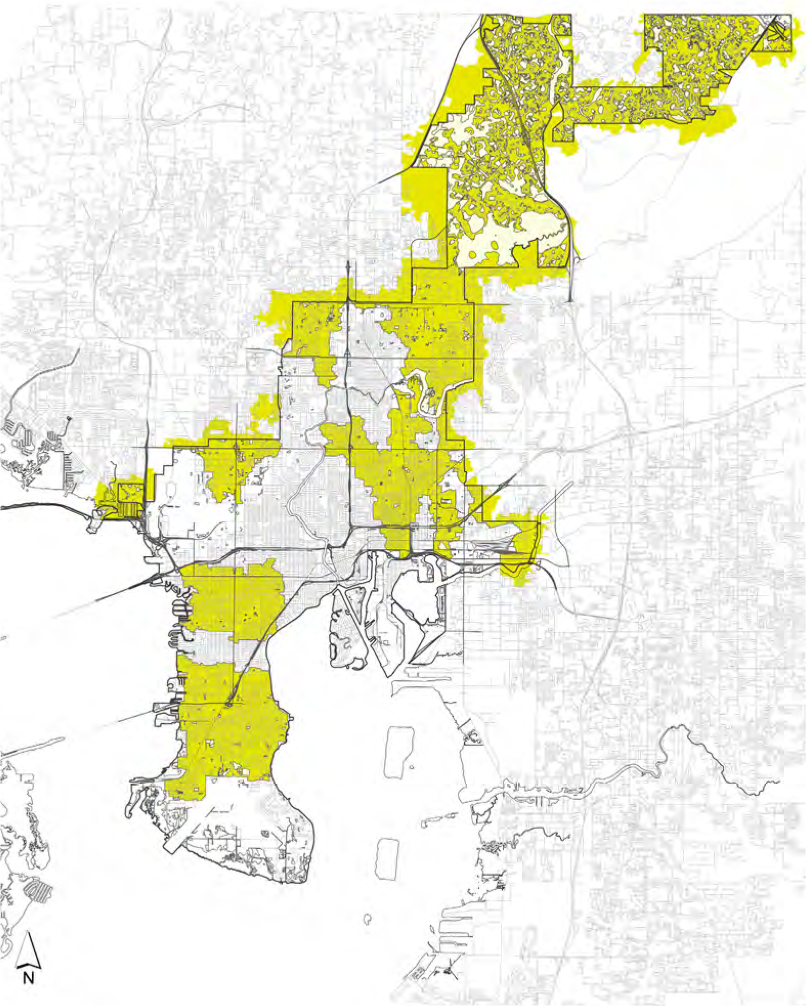 Map showing urban areas highlighted in yellow, with surrounding regions in gray, indicating specific geographic features or planning zones.