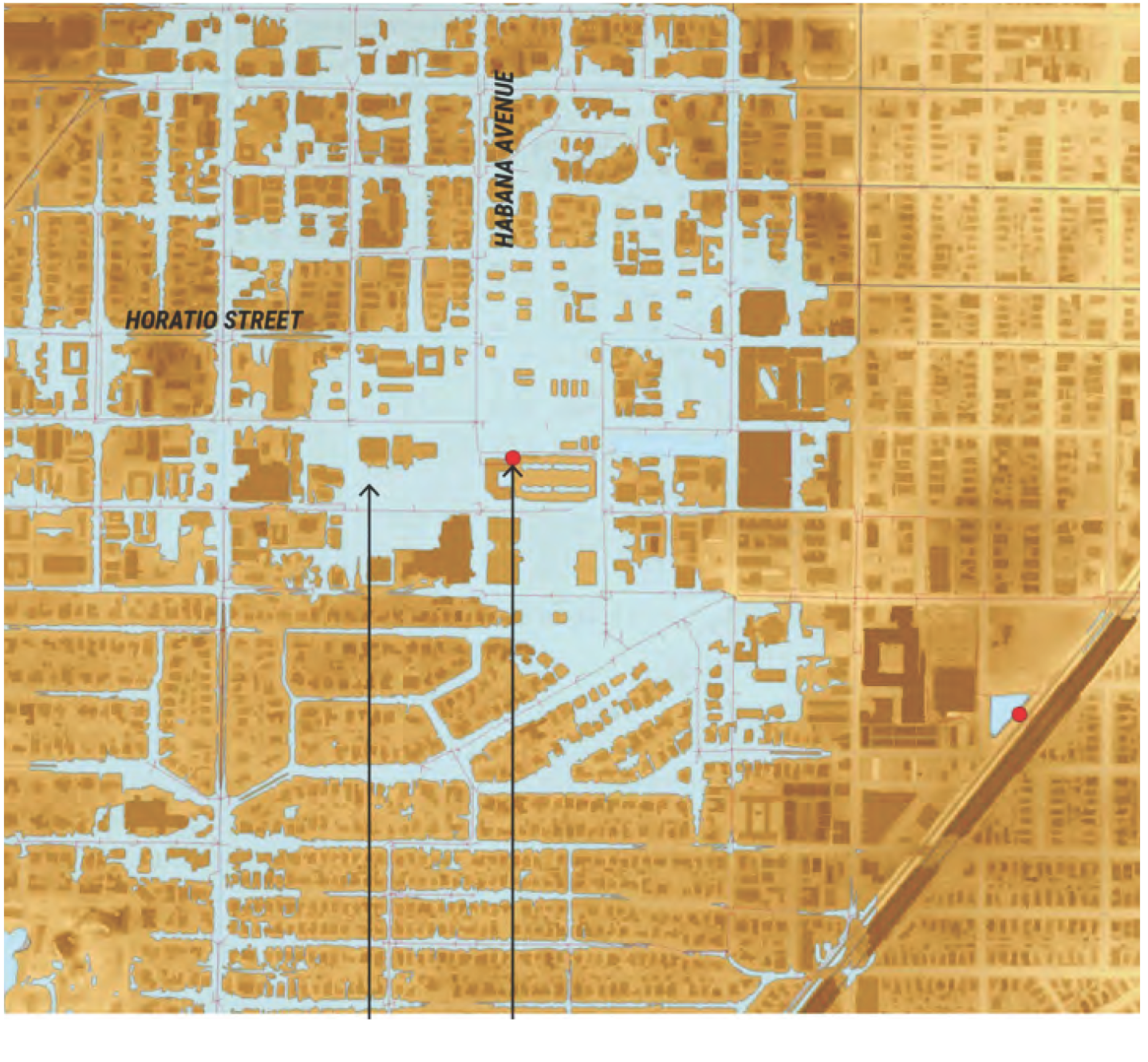 Map showing streets and buildings, with Horatio Street and Urbana Avenue highlighted, featuring marked locations in red.