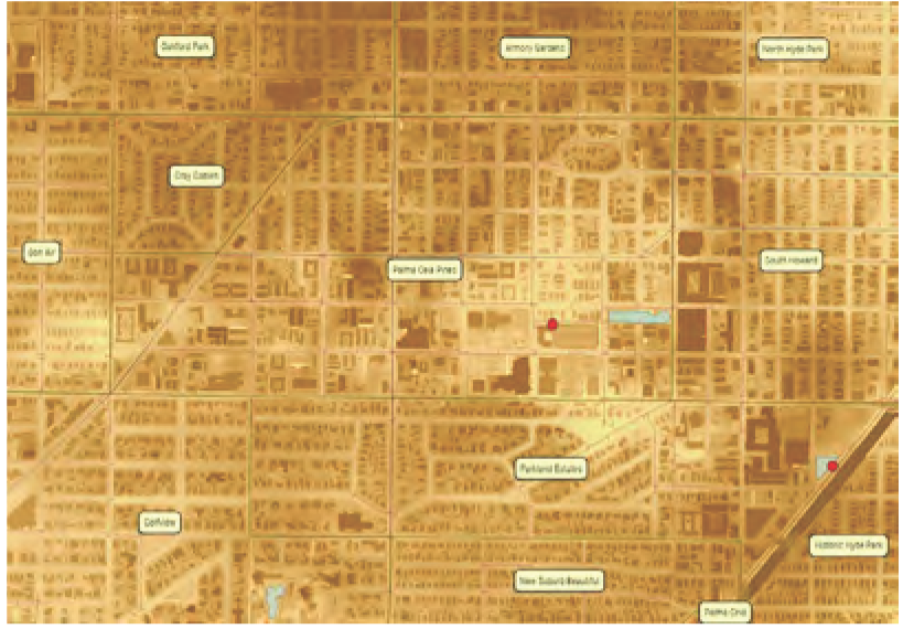 Map of an urban area with streets and landmarks, featuring a warm color palette and marked locations.
