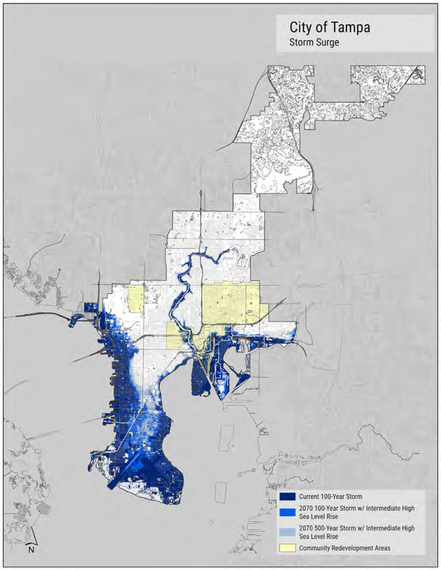 Map of Tampa showing areas affected by storm surge, including current and projected flood zones and community redevelopment areas.