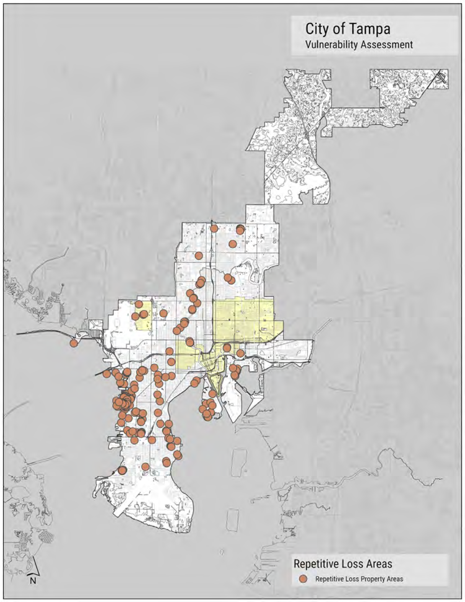 Map of Tampa highlighting repetitive loss areas for vulnerability assessment, with marked zones and data points indicating affected regions.