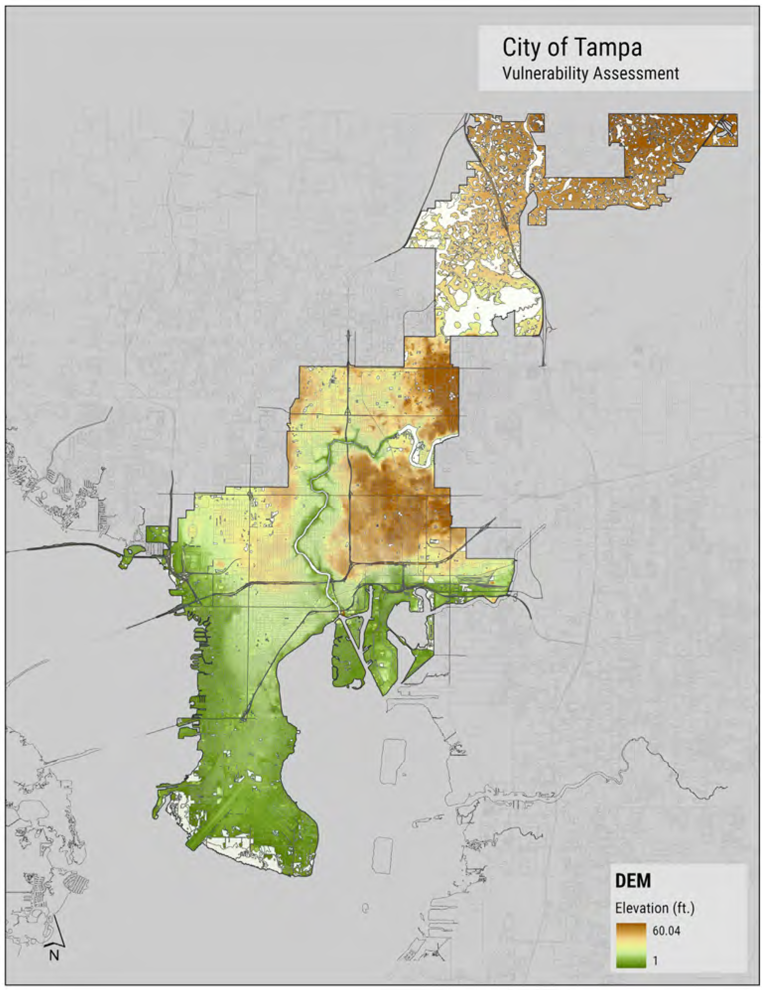 Map of Tampa showing elevation levels for vulnerability assessment, with varying colors indicating different elevations.