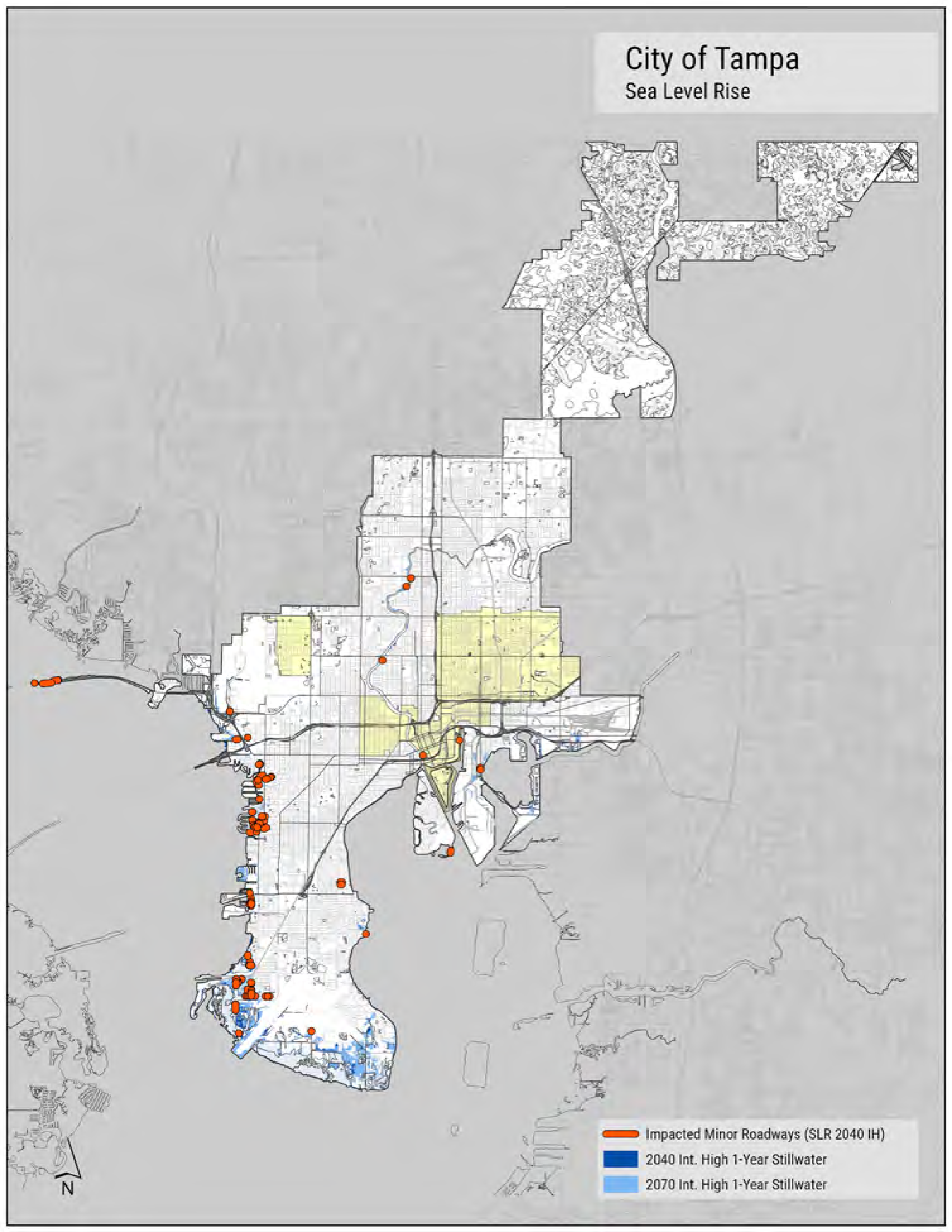 Map of Tampa showing areas affected by sea level rise, including impacted minor roadways and forecasted stillwater levels for 2040 and 2070.