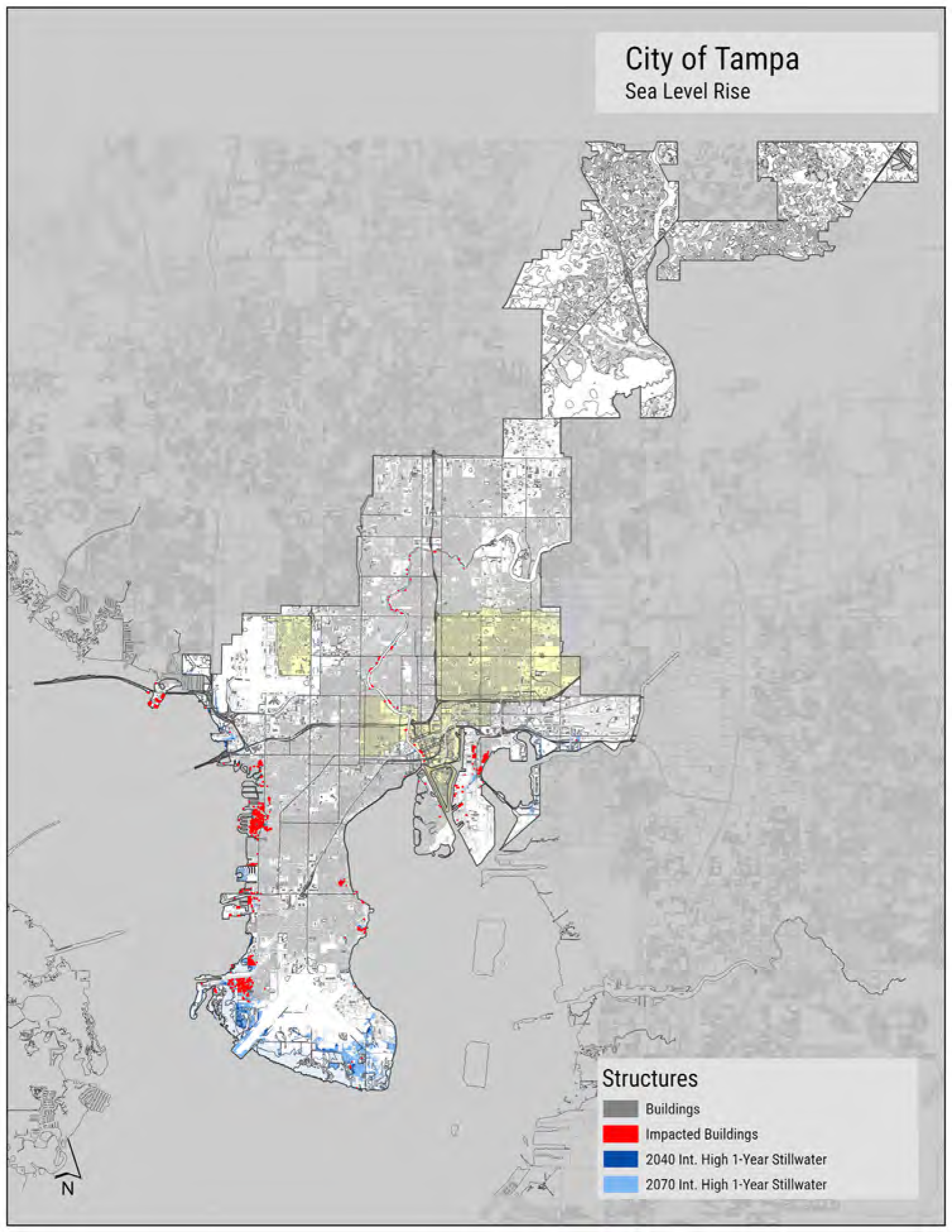 Map of Tampa highlighting structures impacted by sea level rise with affected buildings in red and projected future inundation areas.