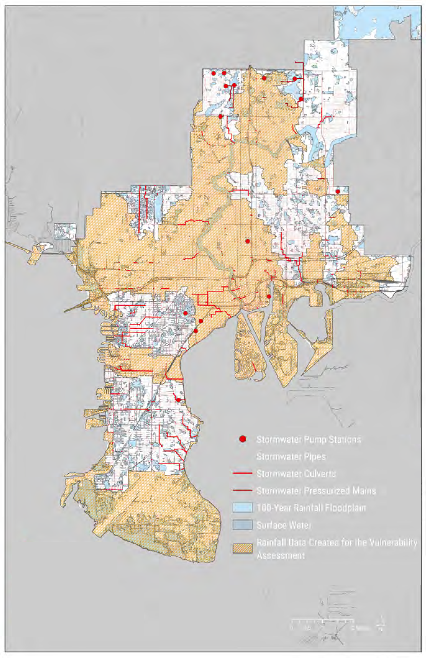 Map showing stormwater infrastructure, including pump stations, pipes, culverts, and floodplain areas, with data for a vulnerability assessment.