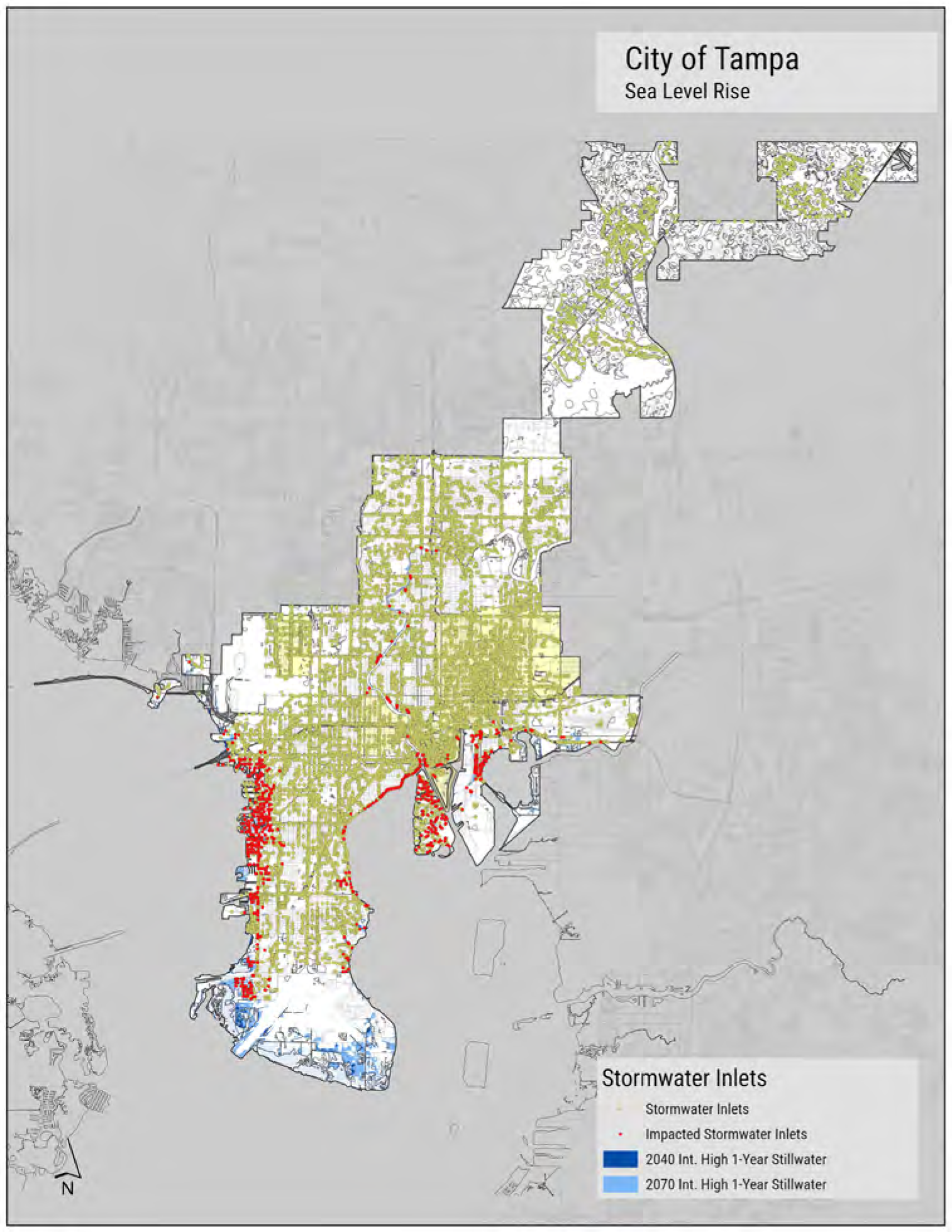 Map of Tampa showing stormwater inlets affected by sea level rise projections for 2040 and 2070.