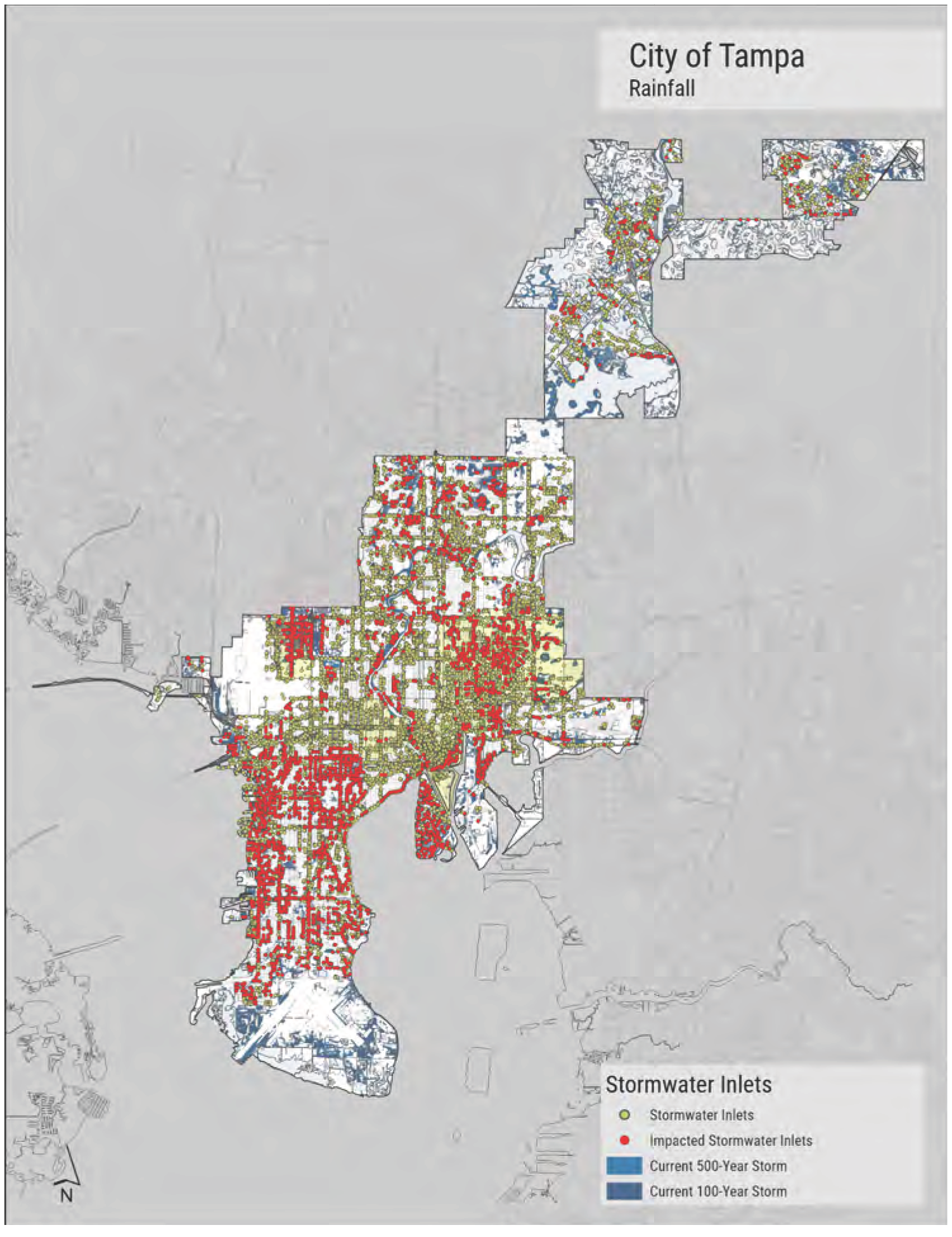 Map of Tampa showing rainfall data, stormwater inlets, and areas impacted by current 500-year and 100-year storms.