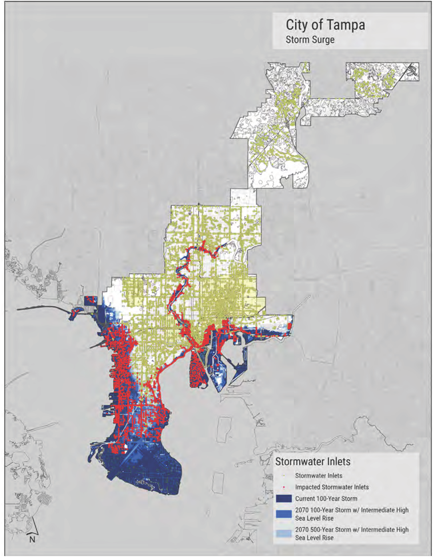 Map of Tampa highlighting storm surge areas, with color-coded regions indicating stormwater inlets and flood risk levels.