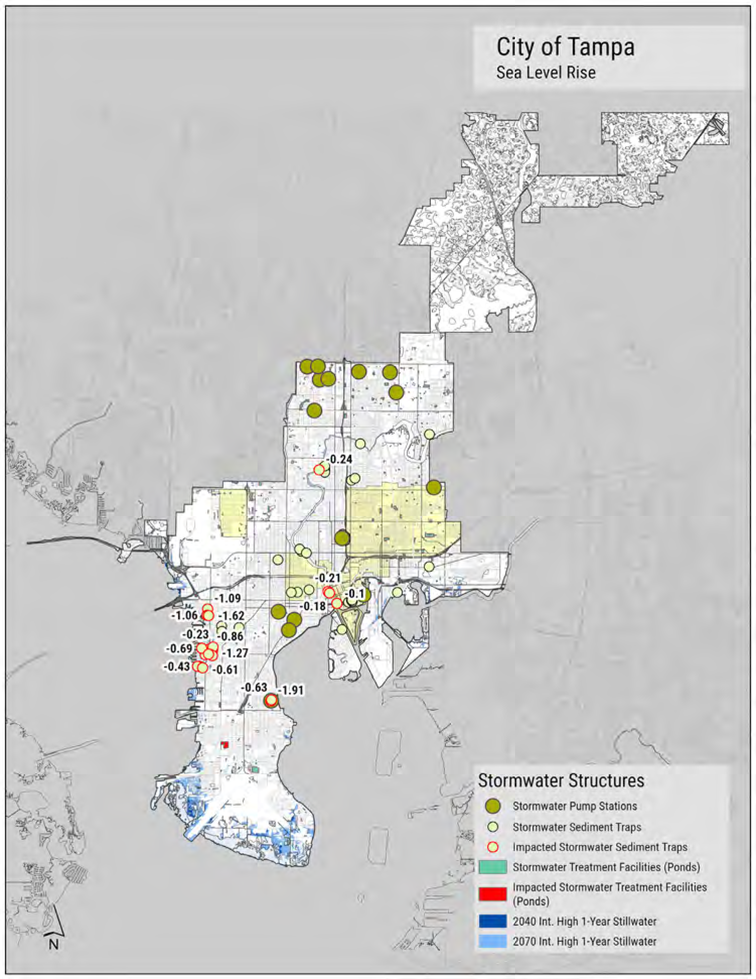 Map of Tampa showing stormwater structures and areas affected by sea level rise, including pump stations and sediment traps.