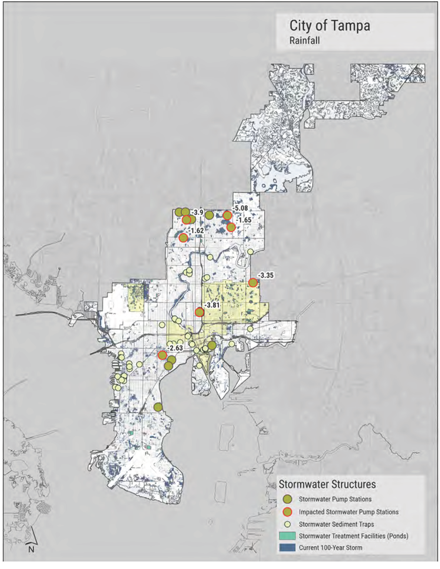 Map of Tampa showing stormwater structures and rainfall data, including pump stations, sediment traps, and treatment facilities.