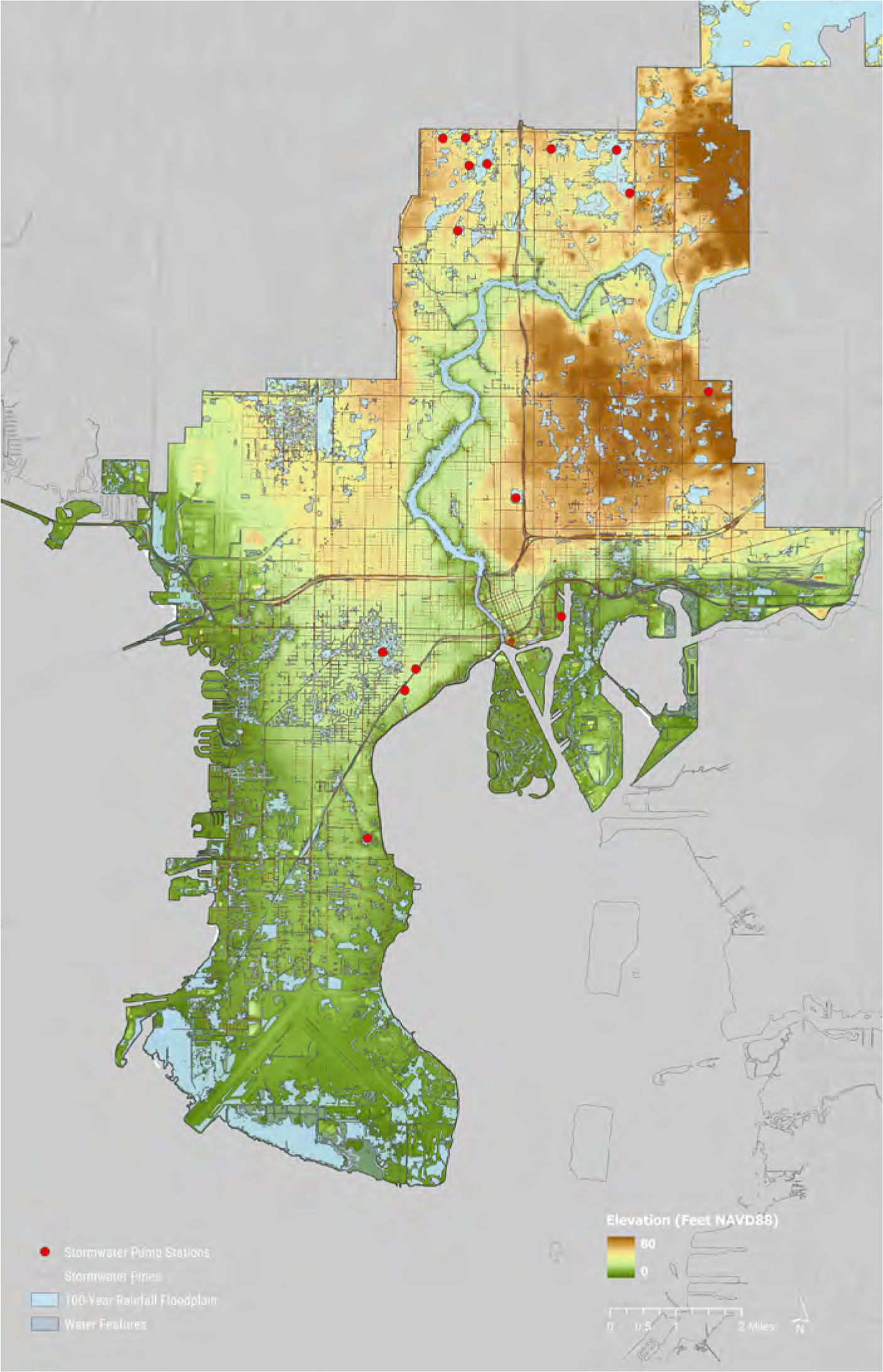 Topographic map showing elevation, flood areas, water features, and pump stations in a specific region.