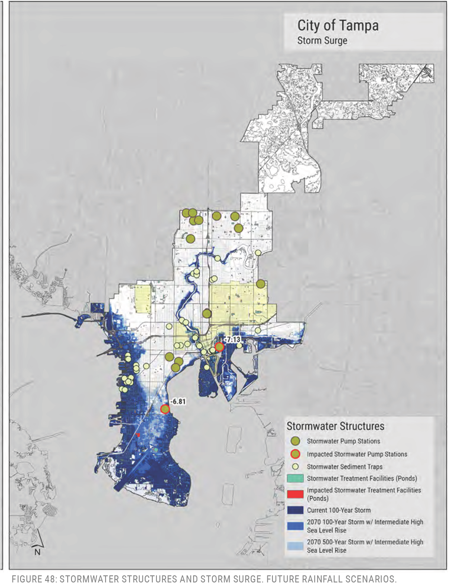 Map of Tampa showing stormwater structures, including pump stations and treatment facilities, with markers indicating flood risk from storm surge and rainfall scenarios.