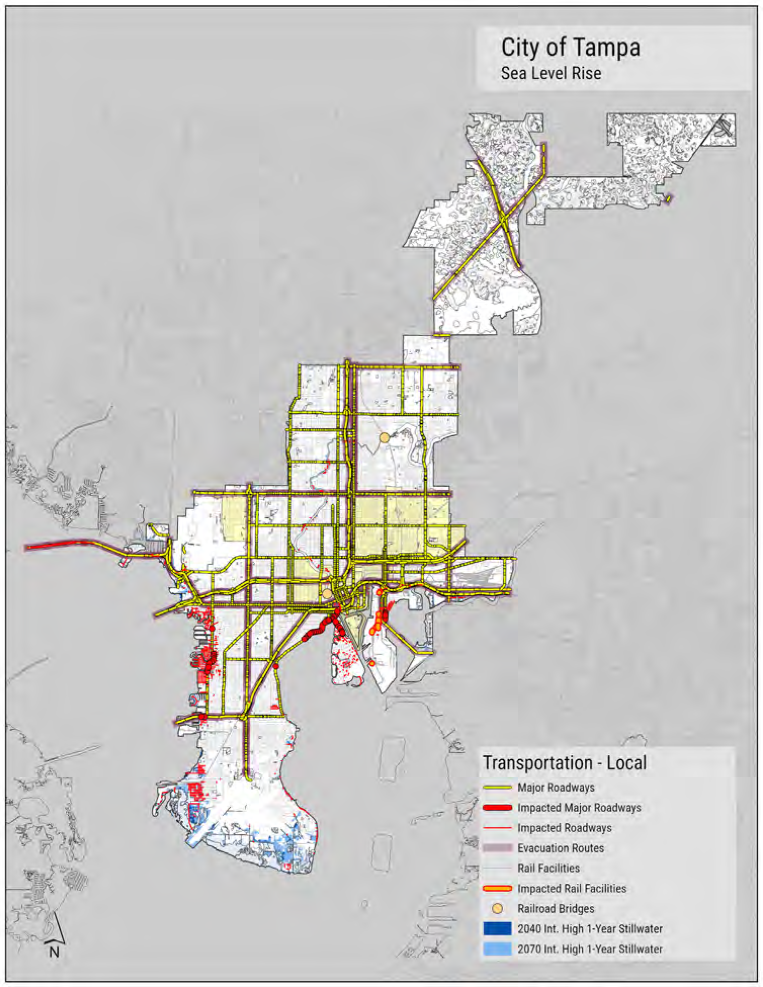 Map of Tampa showing major and impacted roadways, rail facilities, and areas affected by sea level rise.