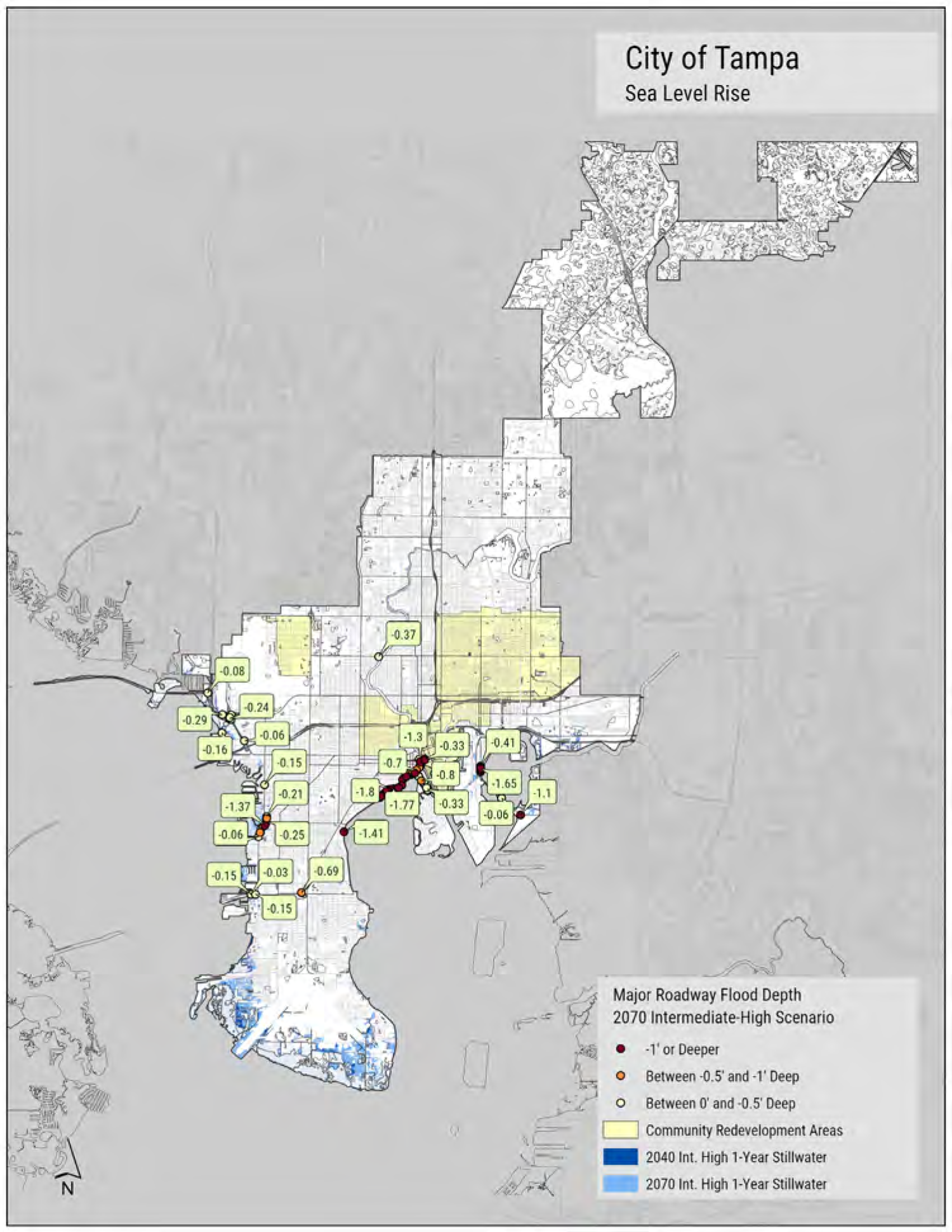 Map of Tampa showing flood depths and areas affected by sea level rise under the 2070 intermediate-high scenario.