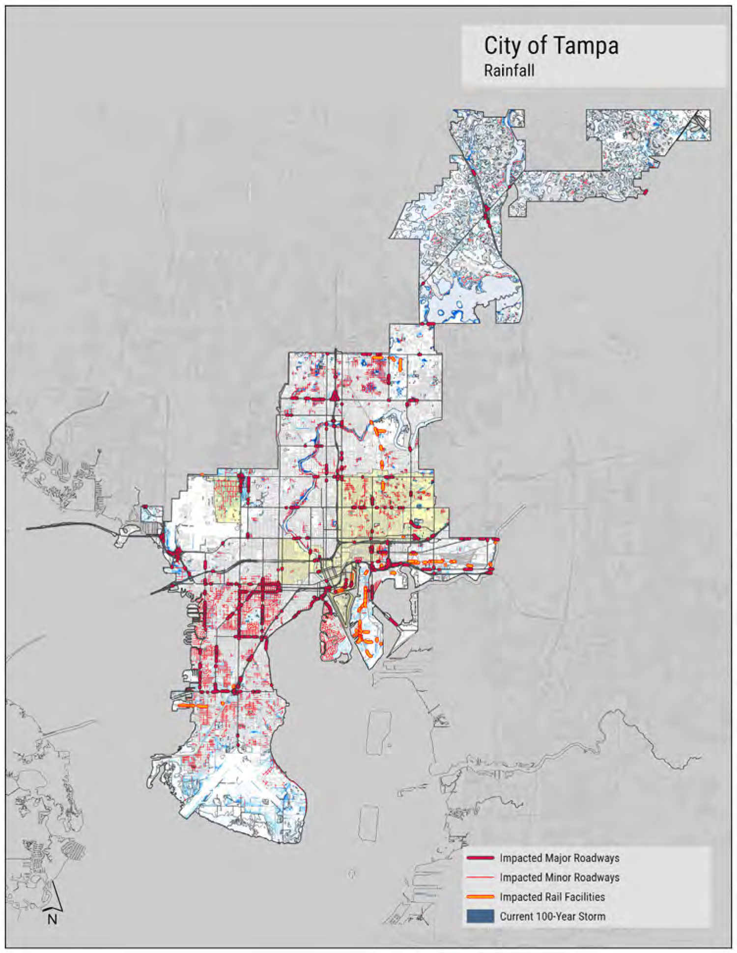 Map of Tampa showing areas affected by rainfall, including impacted roadways and rail facilities during a current 100-year storm.