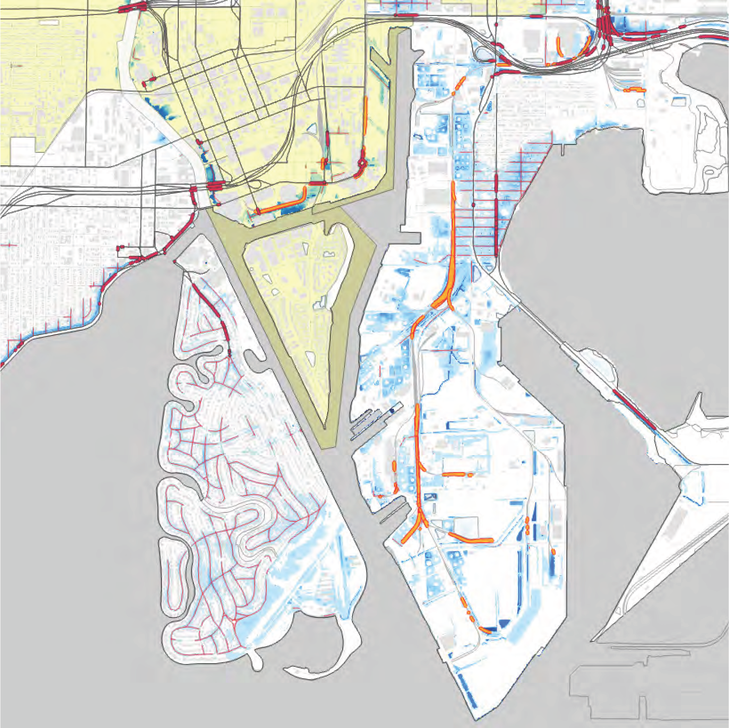 Map depicting urban planning and infrastructure, highlighting areas of land use, transportation routes, and water features in a coastal region.