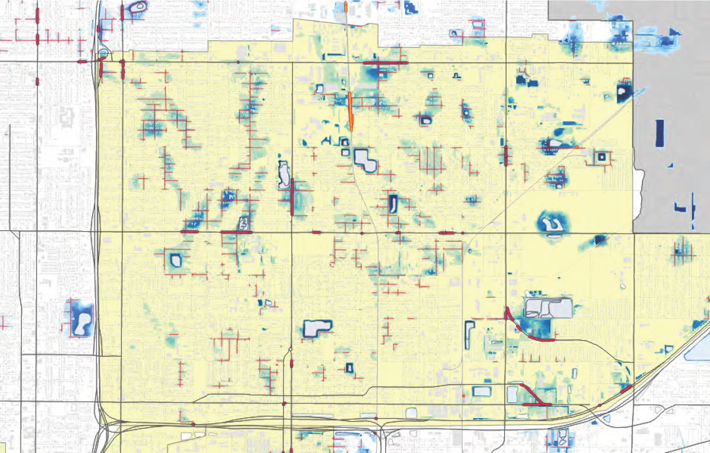 A detailed map showing land use, water features, and infrastructure in a grid layout, with color-coded areas indicating different land types.