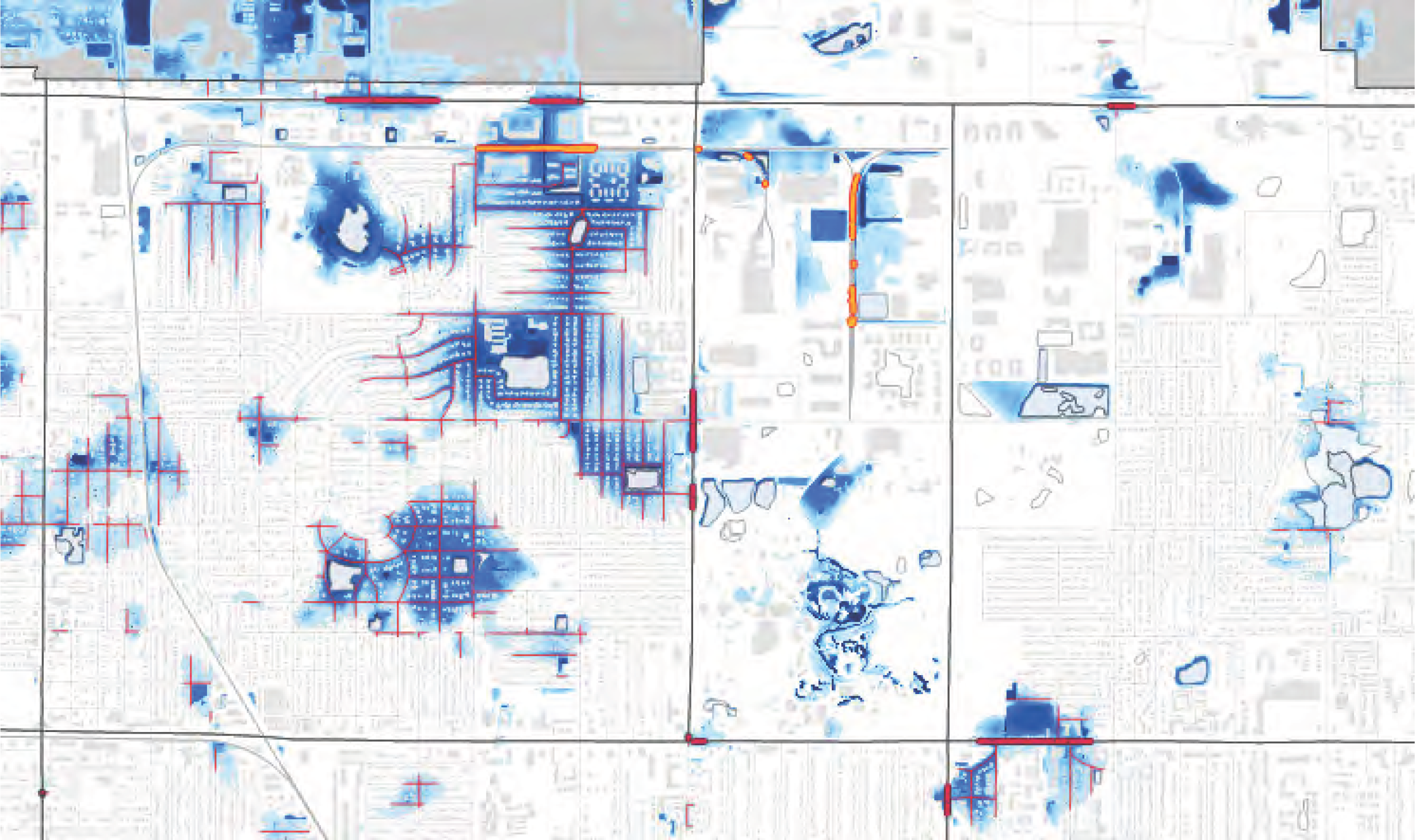 Abstract map with blue and red lines, depicting a complex urban area with various roads, buildings, and water bodies.