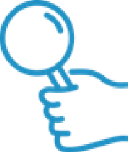 A hand holding a magnifying glass, depicted in blue outline.