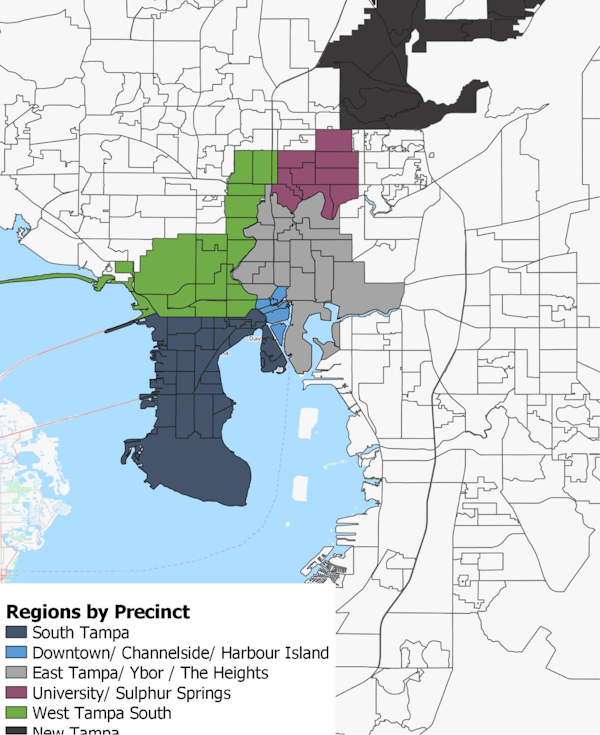 Map of Tampa divided into regions by precinct with color-coded areas for South Tampa, Downtown, East Tampa, University, and West Tampa.