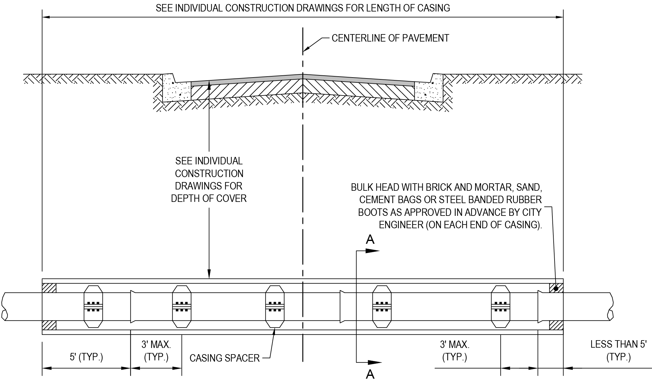 Technical drawing showing casing details, including bulk head with materials and measurements, for construction reference.