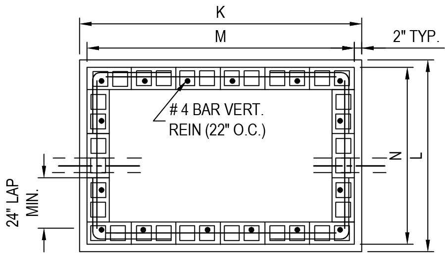 Schematic diagram showing a rectangular reinforcement layout with dimensions and details for vertical bars and spacing.