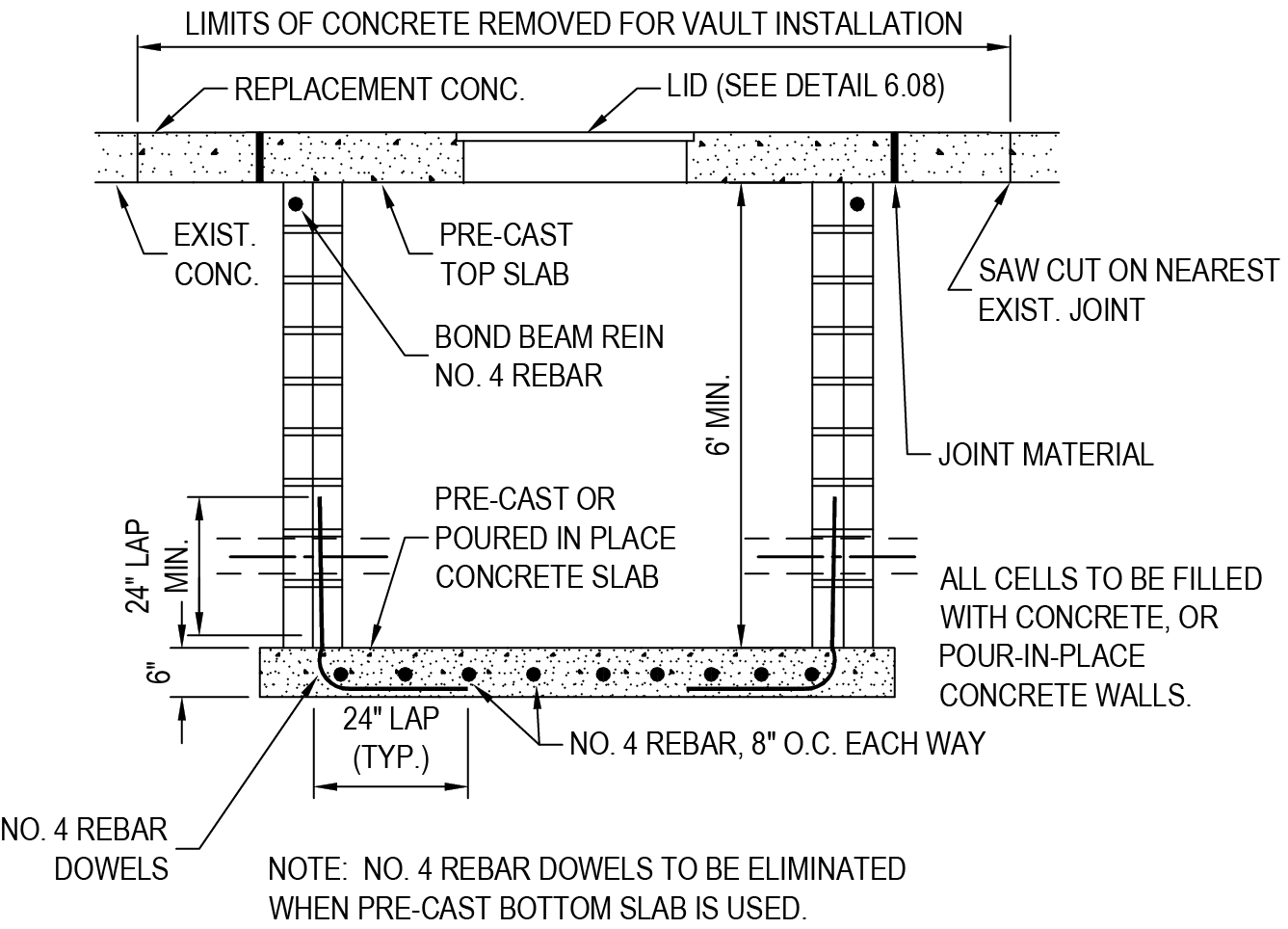 Diagram showing concrete vault installation details, including dimensions, materials, and construction notes for rebar and concrete slabs.