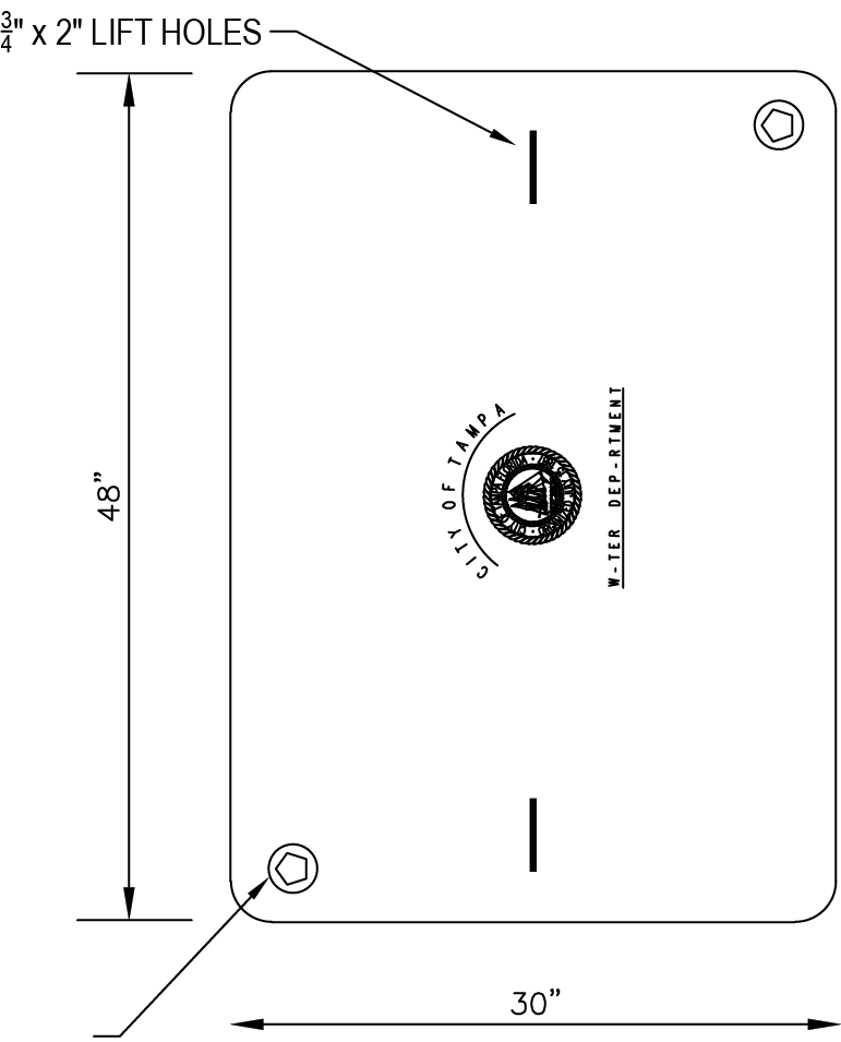 Schematic drawing of a rectangular metal cover with lift holes, labeled with dimensions and the City of Tampa Water Department logo.
