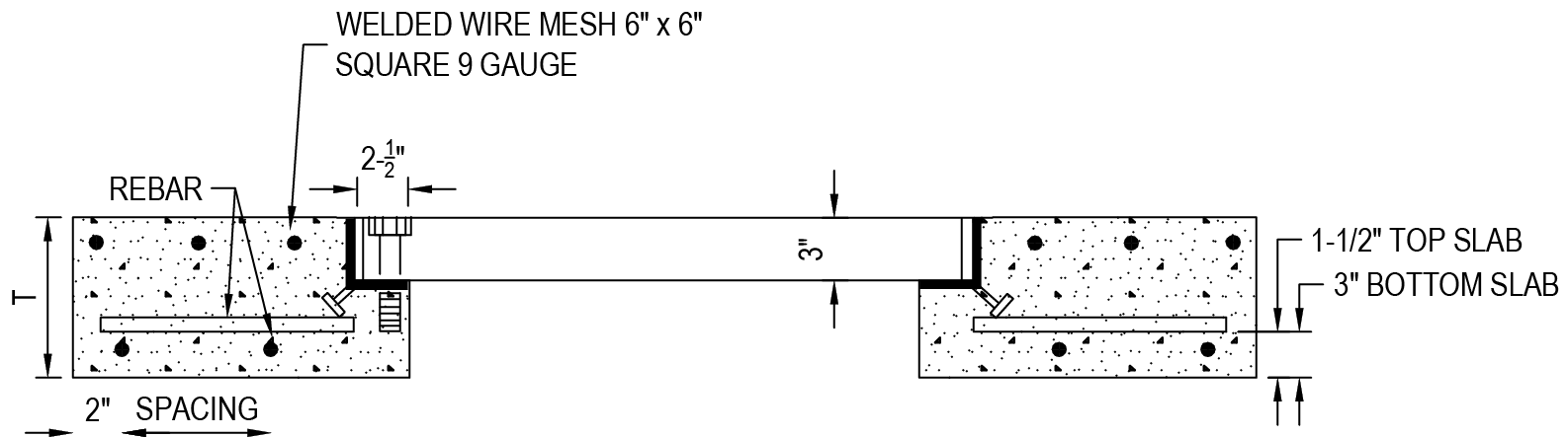 Diagram showing dimensions and components of a concrete slab with welded wire mesh, rebar, and specified slab thicknesses.