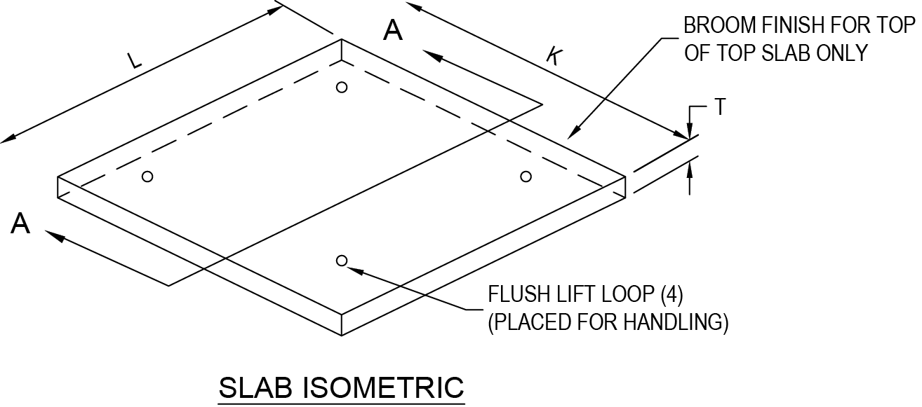 Isometric diagram of a slab showing dimensions, broom finish instructions, and placement of flush lift loops for handling.