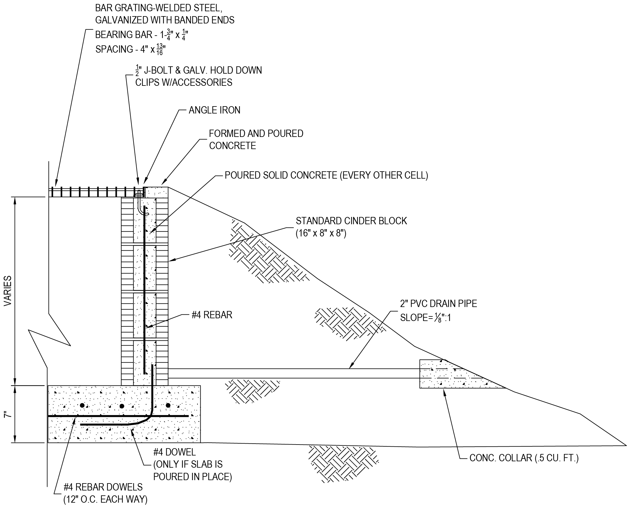 Detailed engineering diagram showing concrete structure, rebar, drainage pipe, and specifications for construction elements.