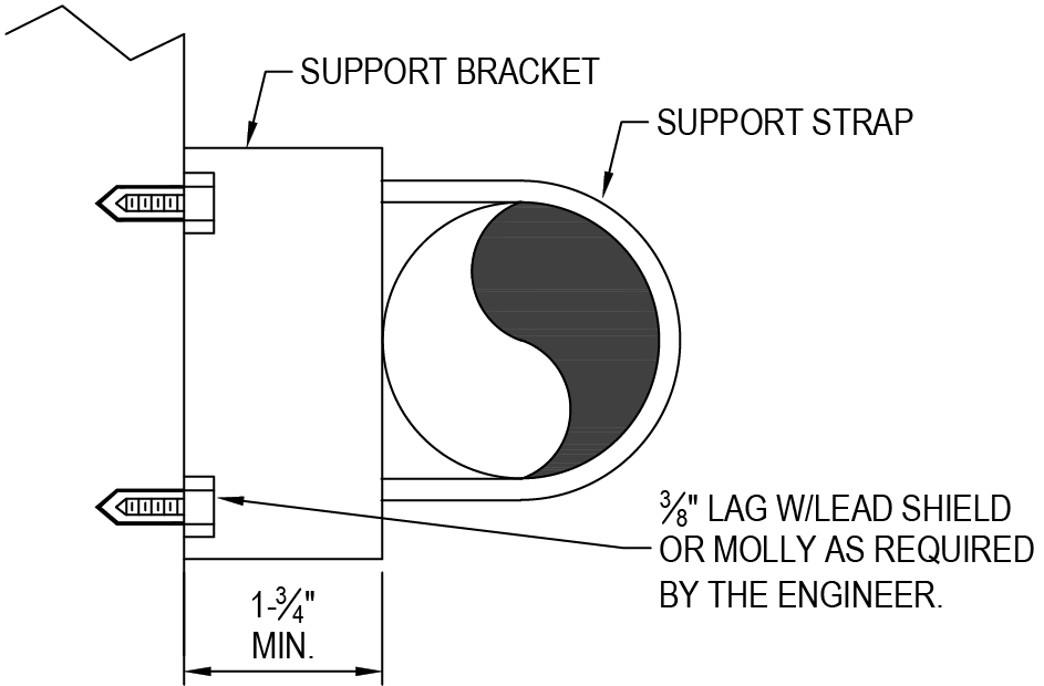 Diagram showing a support bracket and strap with specifications for installation, including lag shield or molly requirements.