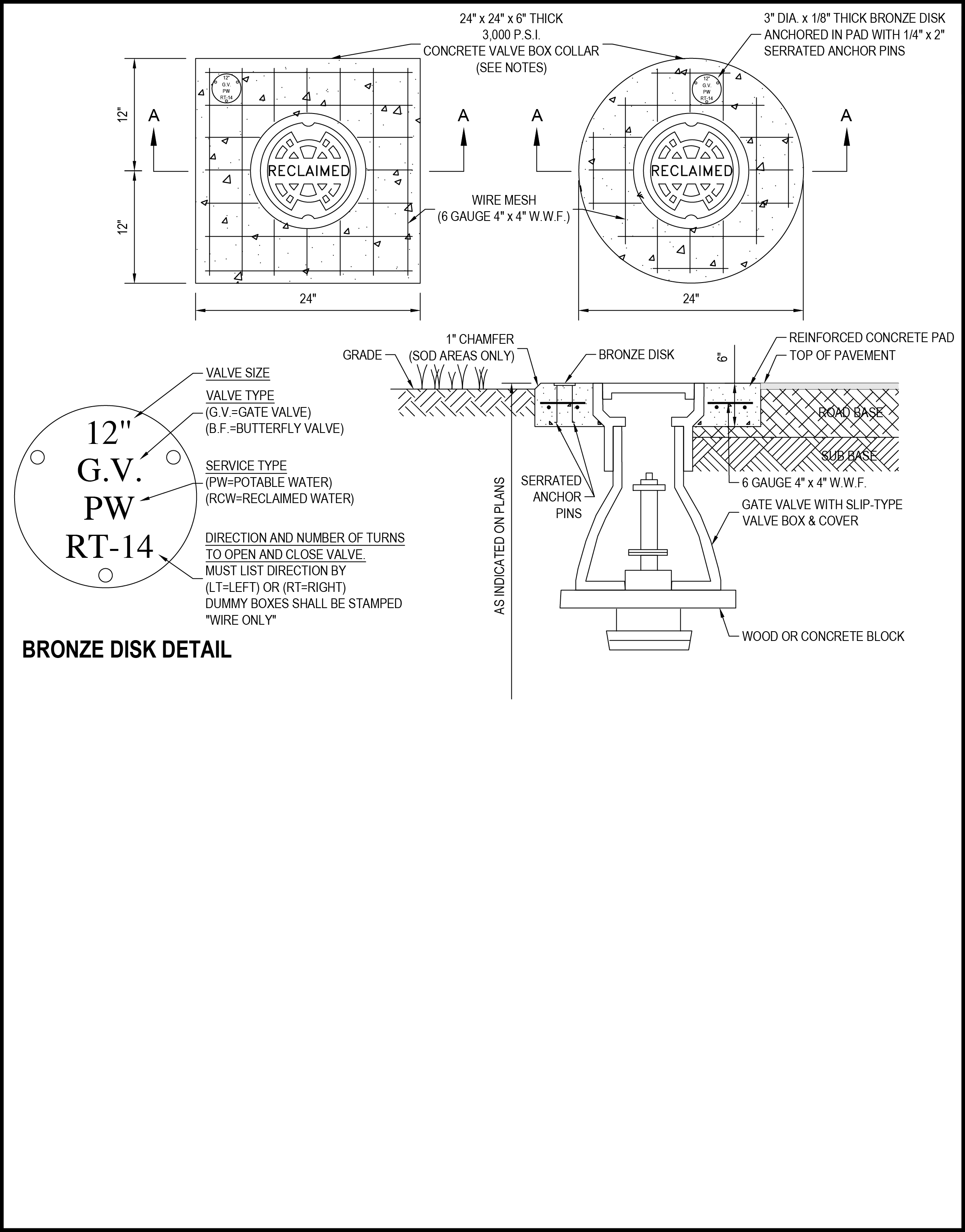 Technical drawing of a bronze disk detail with dimensions and specifications, including valve types and material notes.