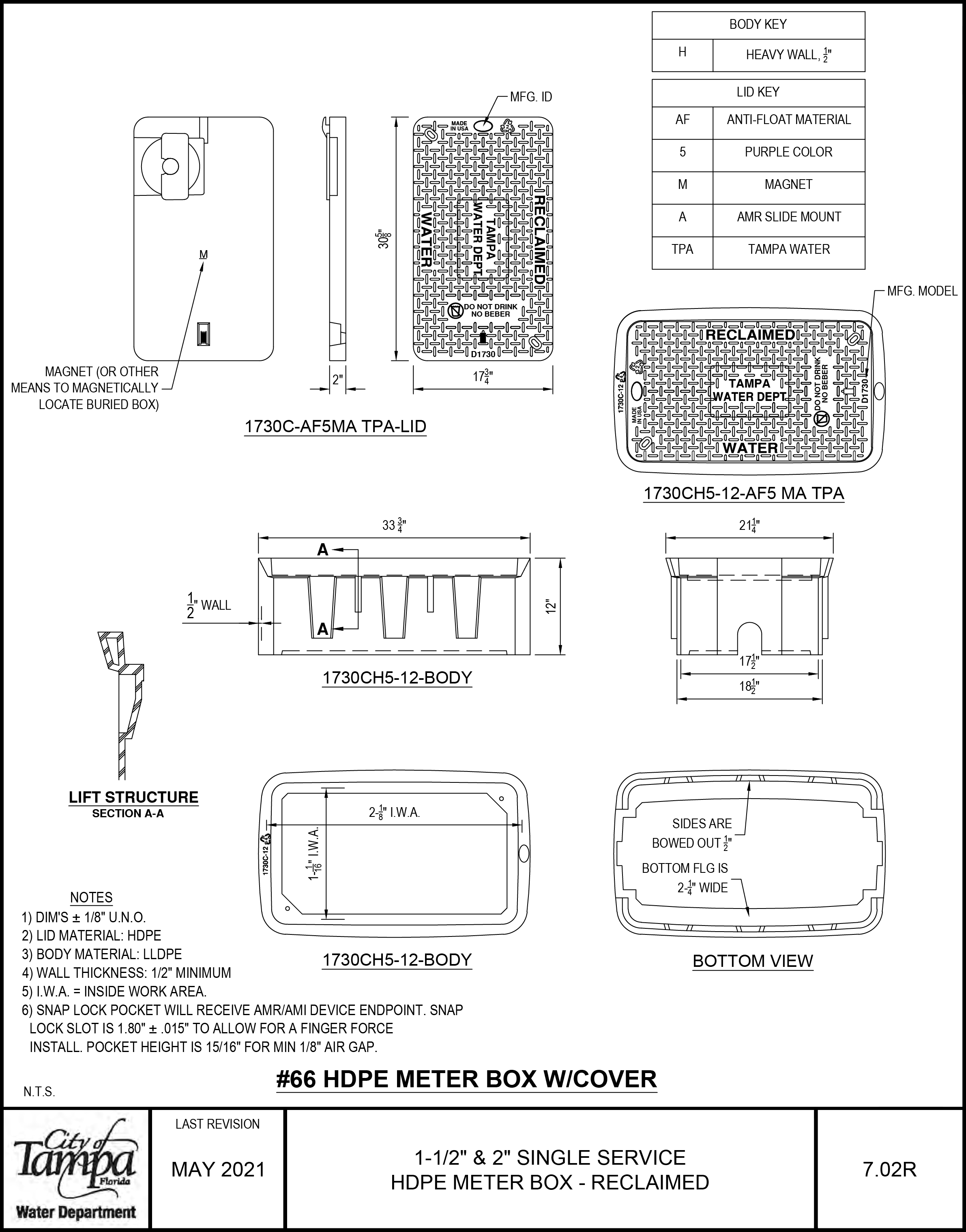 Technical drawing of a HDPE meter box with cover, showing dimensions and details for installation, labeled with specifications.