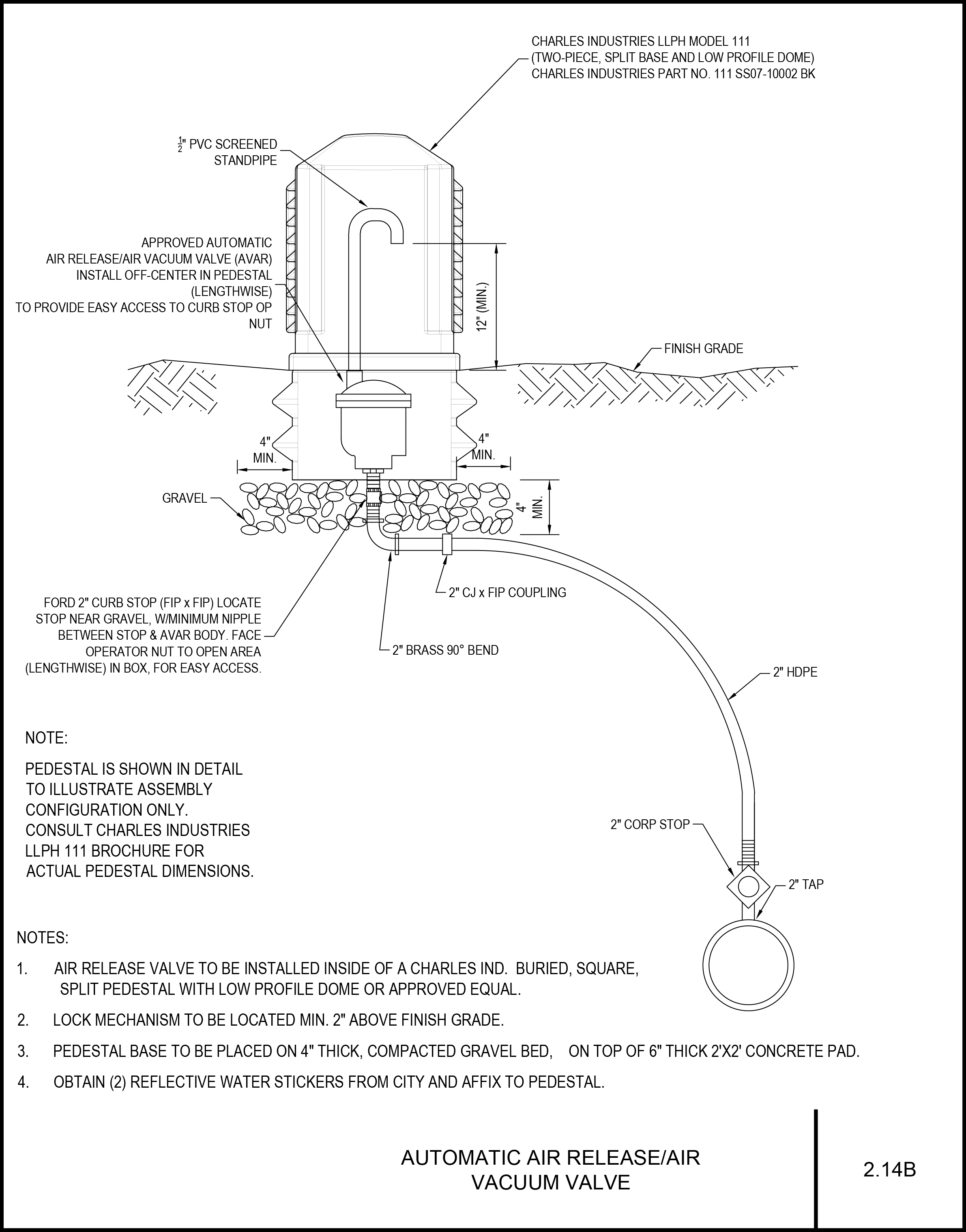 Technical diagram of an automatic air release/air vacuum valve with detailed specifications and installation instructions.