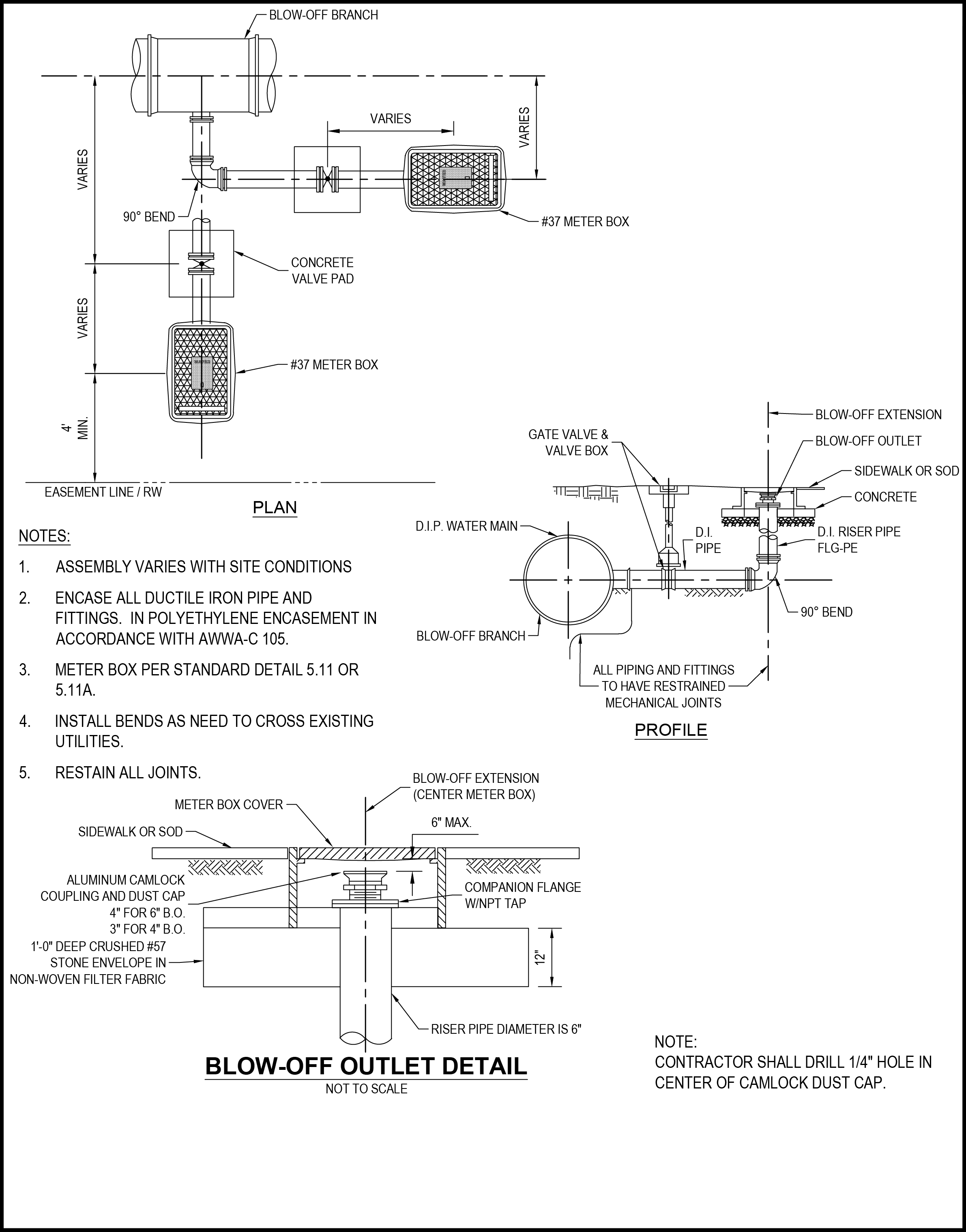 Diagram showing blow-off outlet detail, including assembly, connections, and dimensional specifications for installation and maintenance.