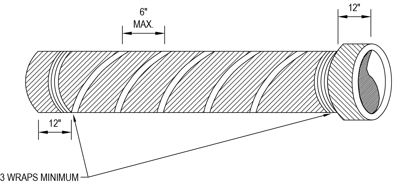 Technical drawing of a cylindrical object with dimensions labeled: 6" max diameter and 12" length, showing a spiral pattern.